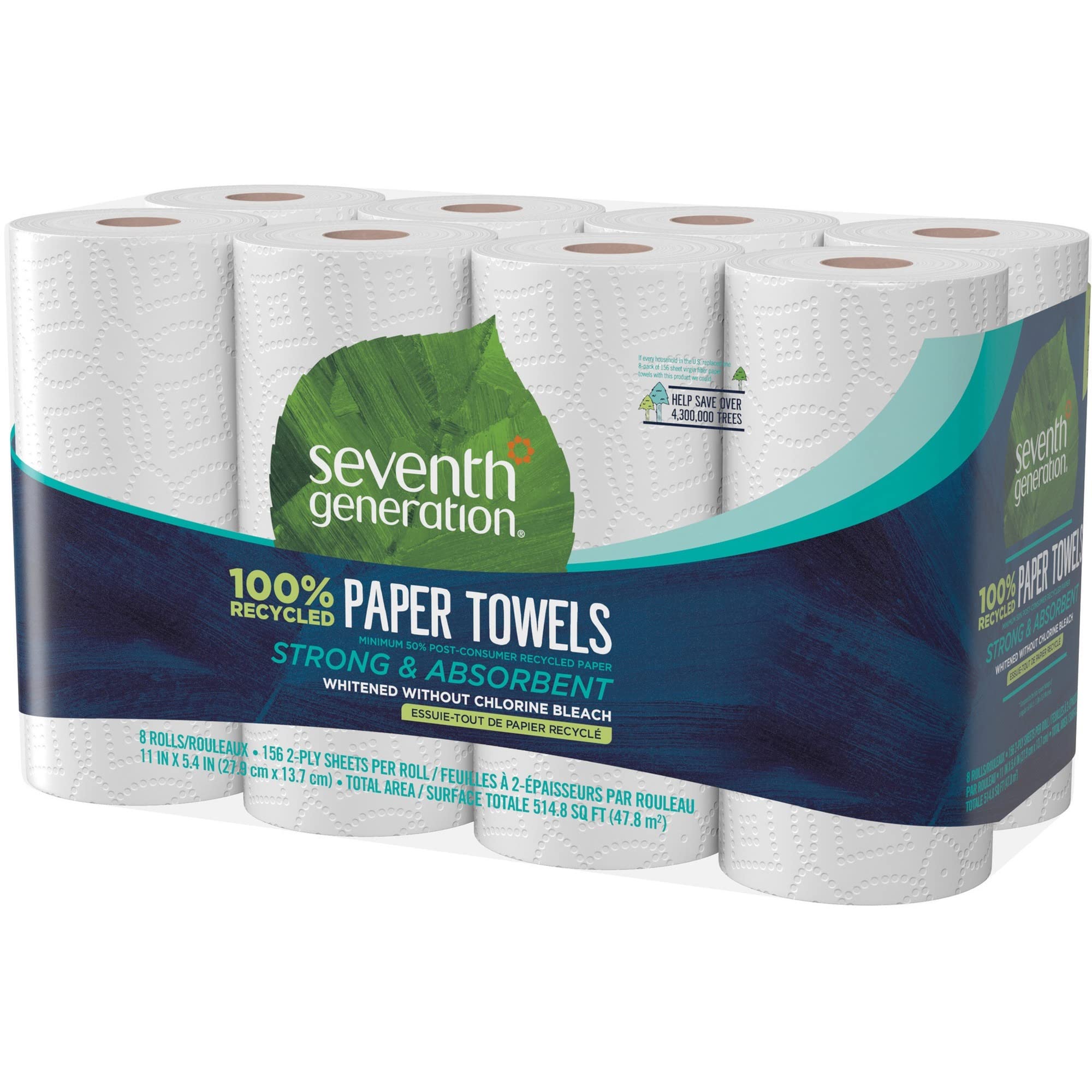 Seventh Generation 100% Recycled Paper Kitchen Towel Rolls, 2-Ply, 11 x 5.4, 156 Sheets/Roll, 8 Rolls/Pack