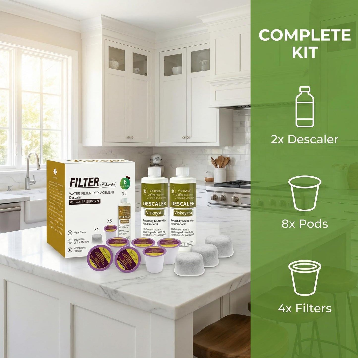 Viskeysta 6-Month Maintenance Kit for Keurig: 2 Descalers + 4 Filters + 8 Cleaning Pods, Compatible with Keurig Classic/1.0/2.0 K-Cup Coffee Makers