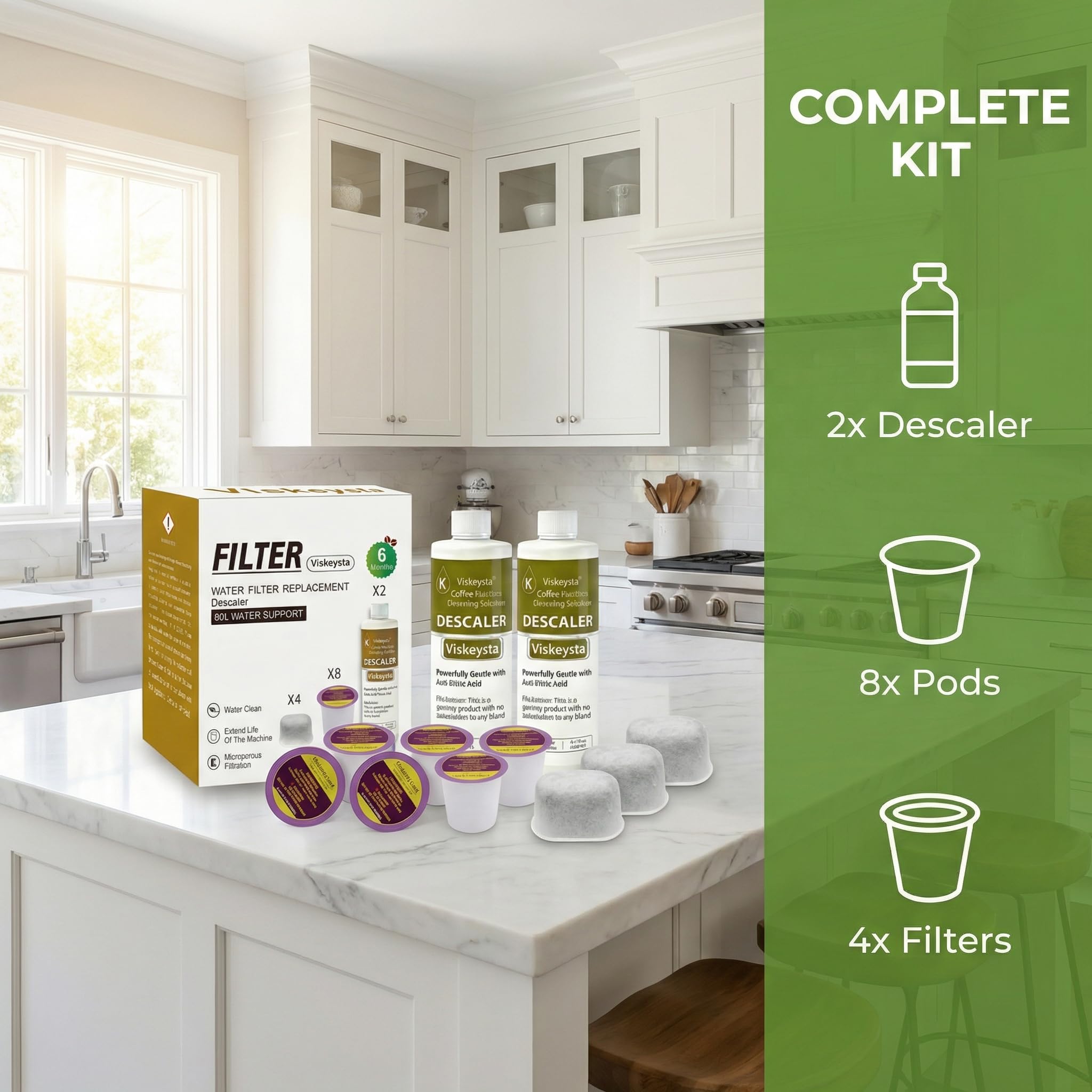 Viskeysta 6-Month Maintenance Kit for Keurig: 2 Descalers + 4 Filters + 8 Cleaning Pods, Compatible with Keurig Classic/1.0/2.0 K-Cup Coffee Makers