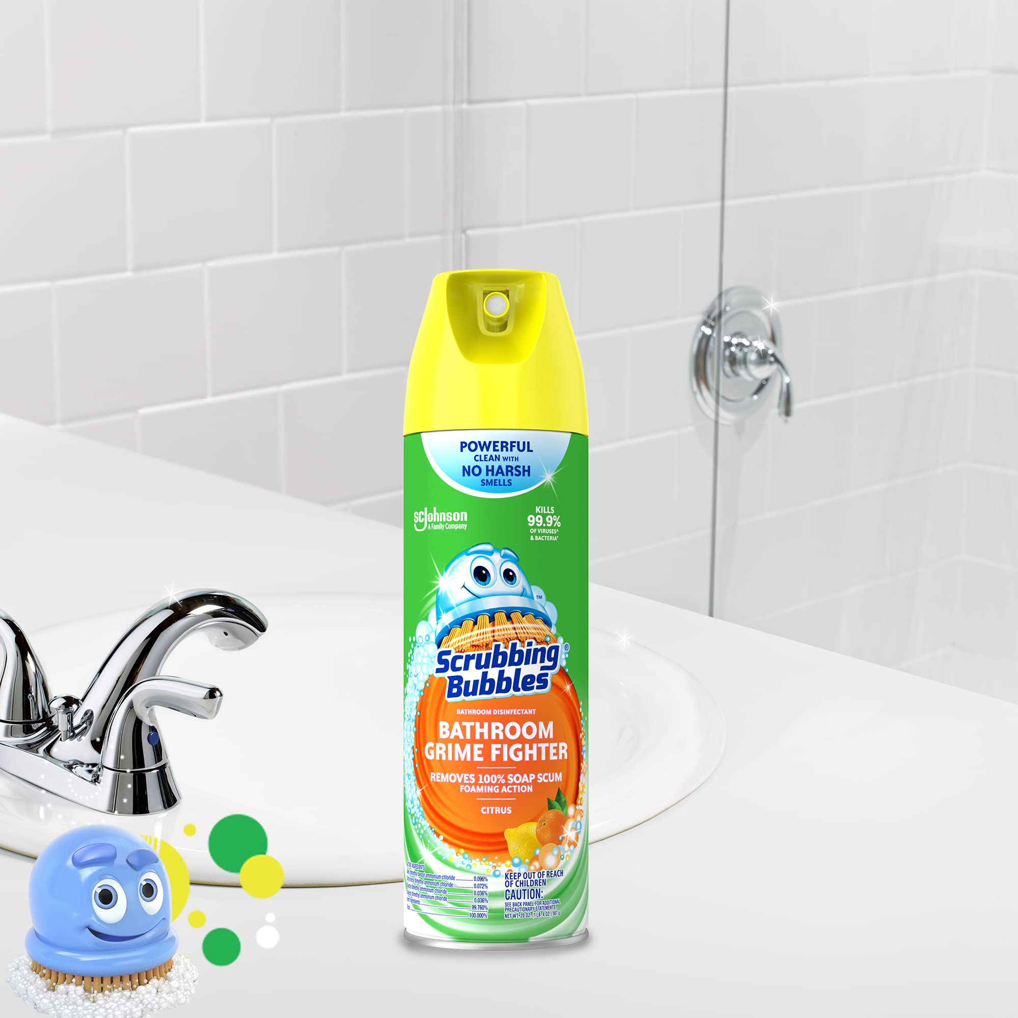 Scrubbing Bubbles Bathroom and Shower Cleaner Aerosol, Foaming Action Bathroom Grime Fighter, Citrus Scent, 20oz (Pack of 1)