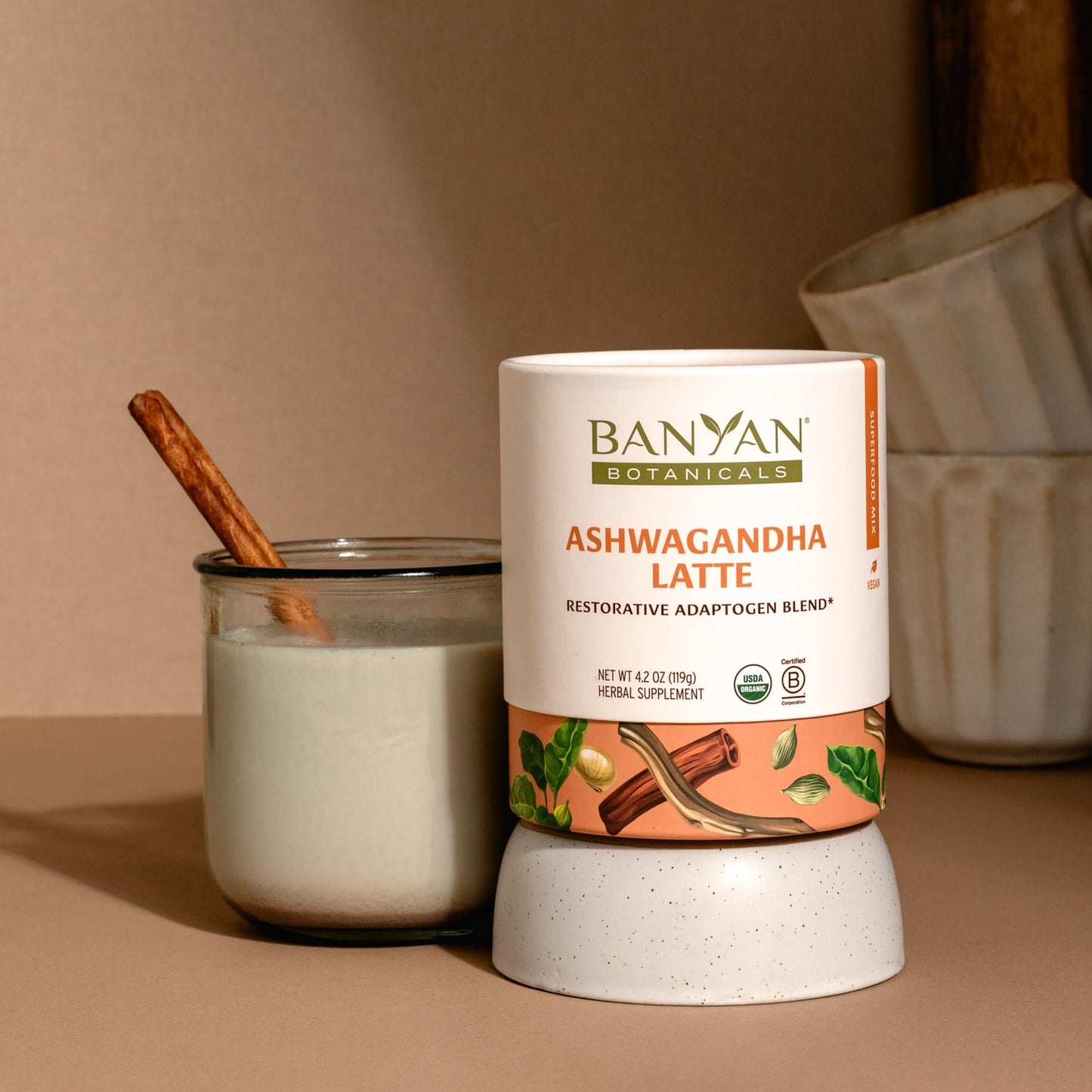 Banyan Botanicals Ashwagandha Latte - Caffeine-Free Organic Herbal Latte Mix - Instant Herbal Adaptogen Drink for Energy, Relaxation, and Nourishment*