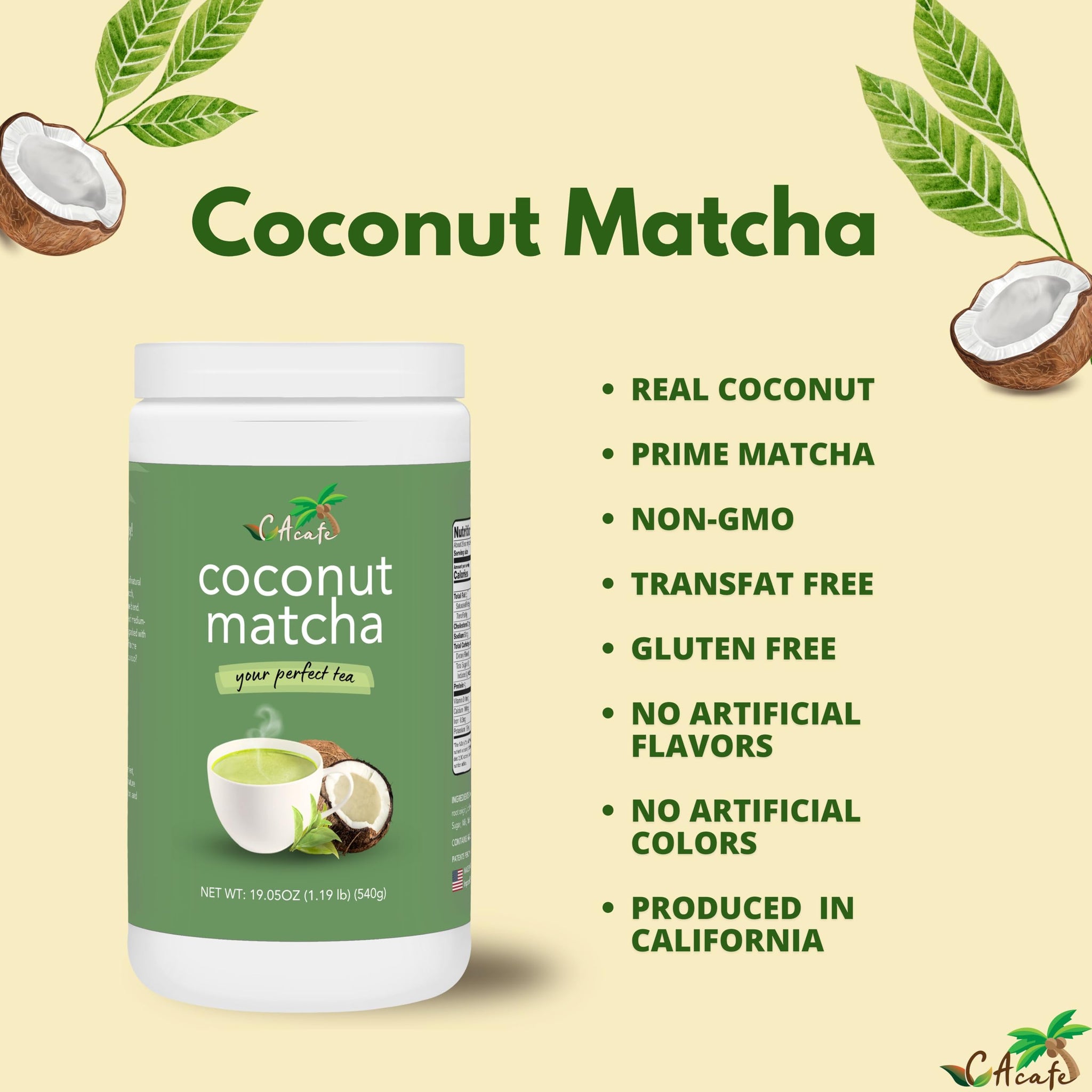 CAcafe Coconut Matcha | Instant Japanese Health Drink | Creamy & Sweet | Hot or Iced Green Tea Latte Mix | New Look, Reduced Sugar | Non-GMO | No