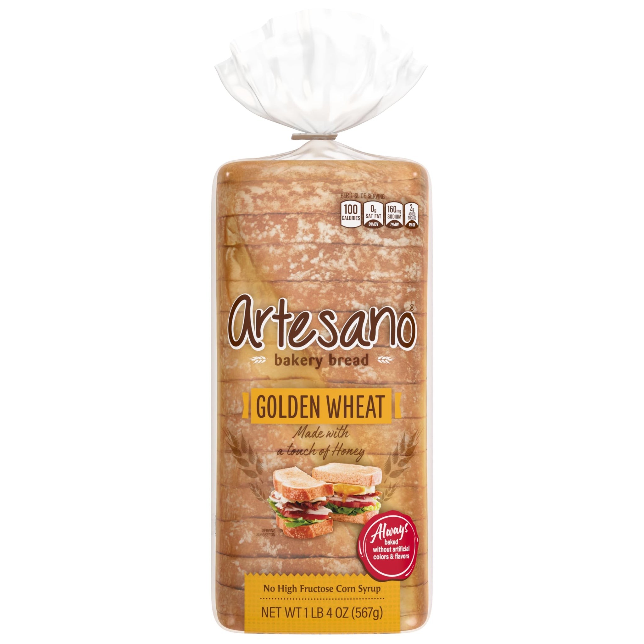 Artesano Golden Wheat Bakery Bread, Whole Wheat Pre-sliced Wheat Bread, 20 oz Bag