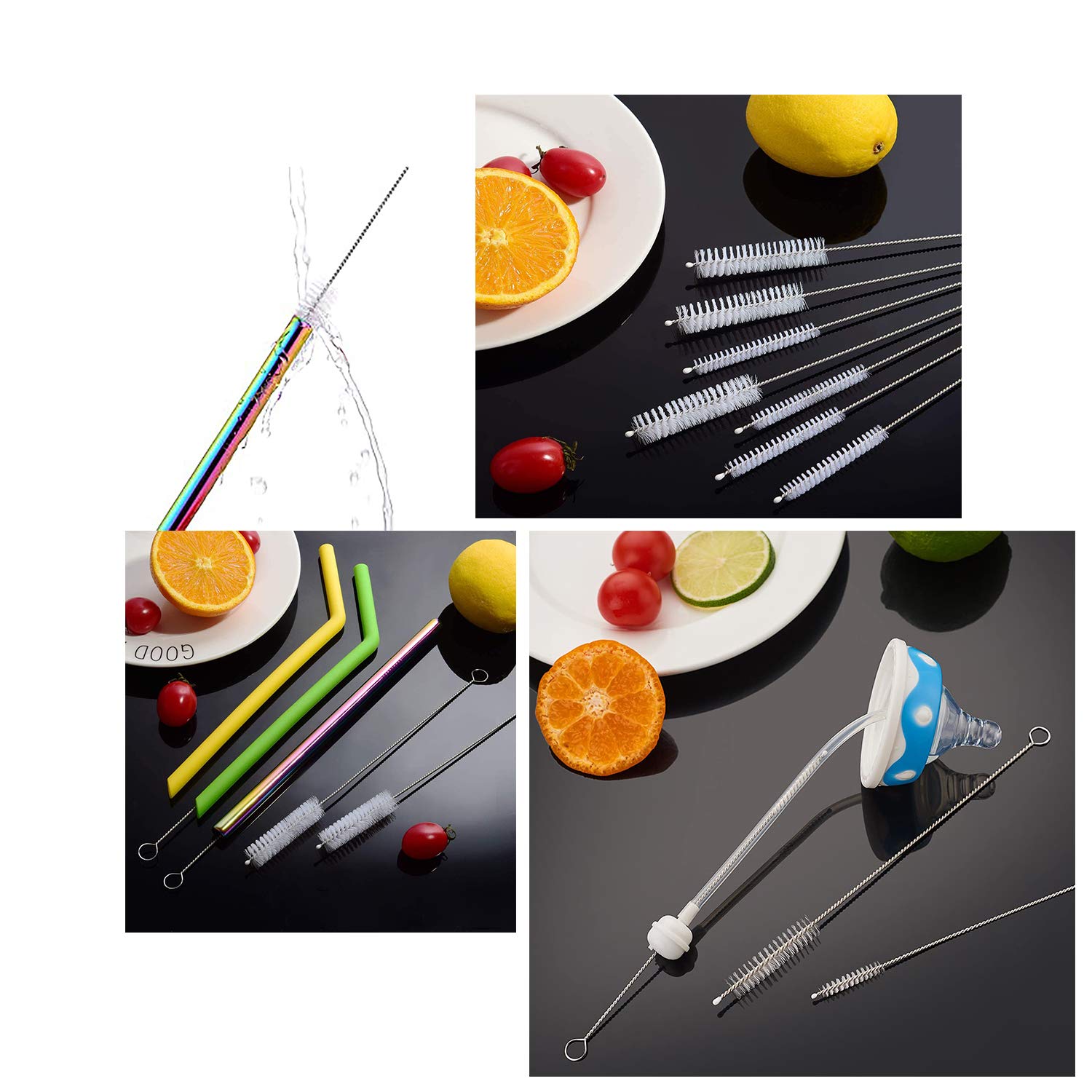Long Straw Brush Cleaner (10 Pack), Flexible Nylon Tube Cleaning Brushes with 0.4" Bristles, Rust-Proof Stainless Steel Wire Washer for Reusable
