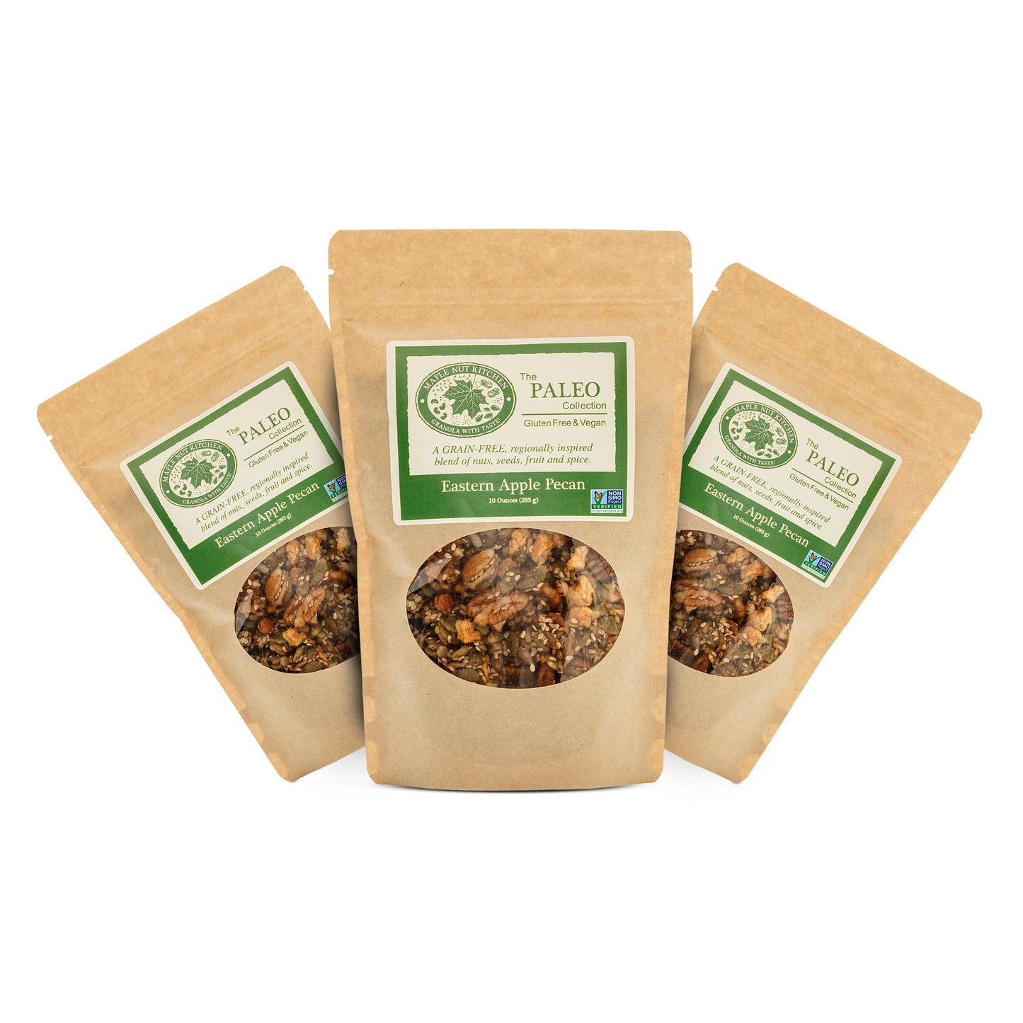 Maple Nut Kitchen Eastern Apple Pecan Paleo Granola 3 Pack - Grain Free, Vegan, Gluten Free, No Sugar Added, Low Carb Granola with Pecans, Pumpkin
