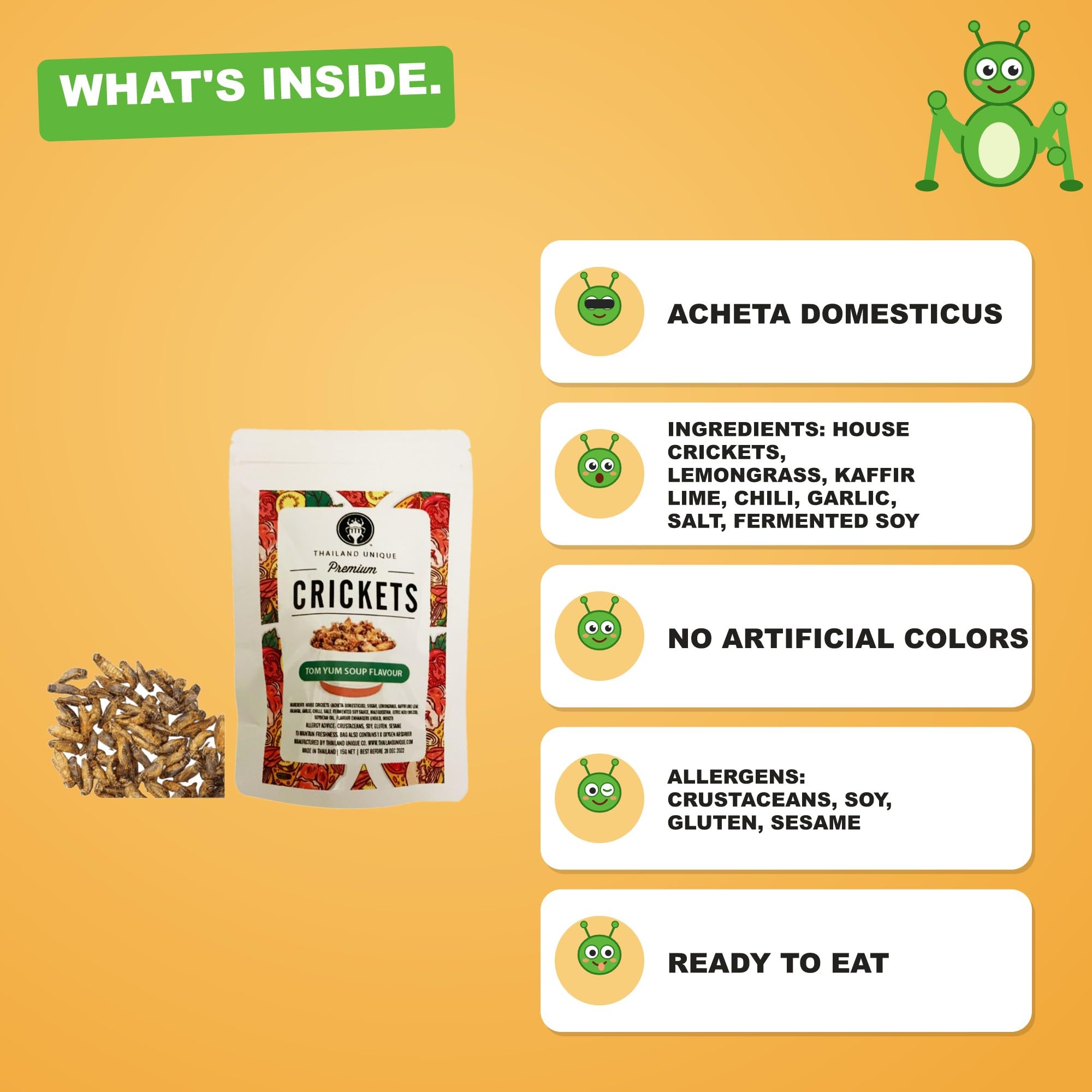 Thailand Unique Tom Yum Seasoned Crickets, Dehydrated Edible Bugs, 15g