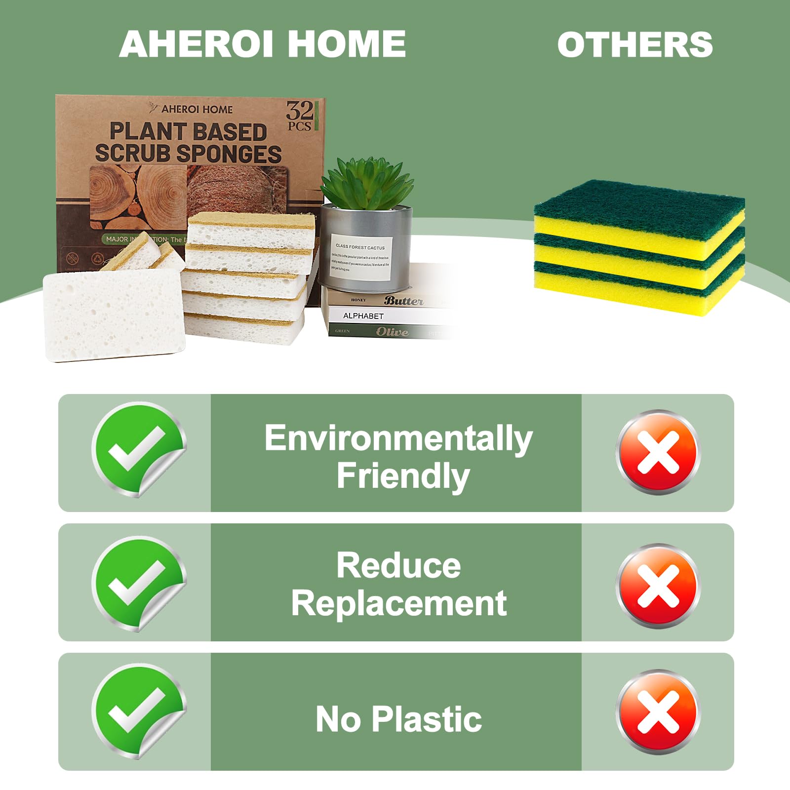 Aheroi Natural Dish Sponge, 32 Count FSC Certified Plant-Based Biodegradable Compostable Kitchen Sponges for Dishes Bulk, Organic Eco Friendly