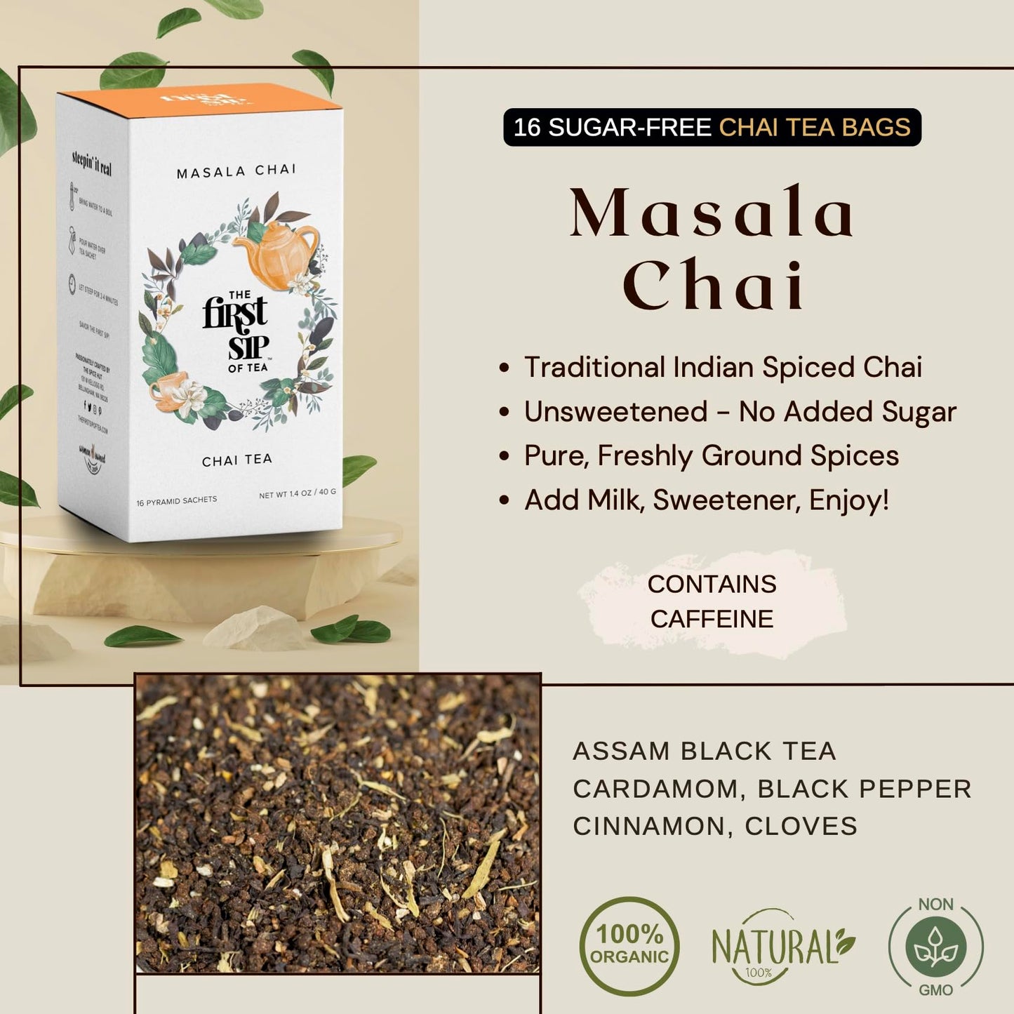 Masala Chai Tea Bags - Unsweetened Black Tea, High Caffeine, Traditional Indian Spiced Black Tea with Cardamom, Cinnamon, Fennel - 16 Cups | The Spice