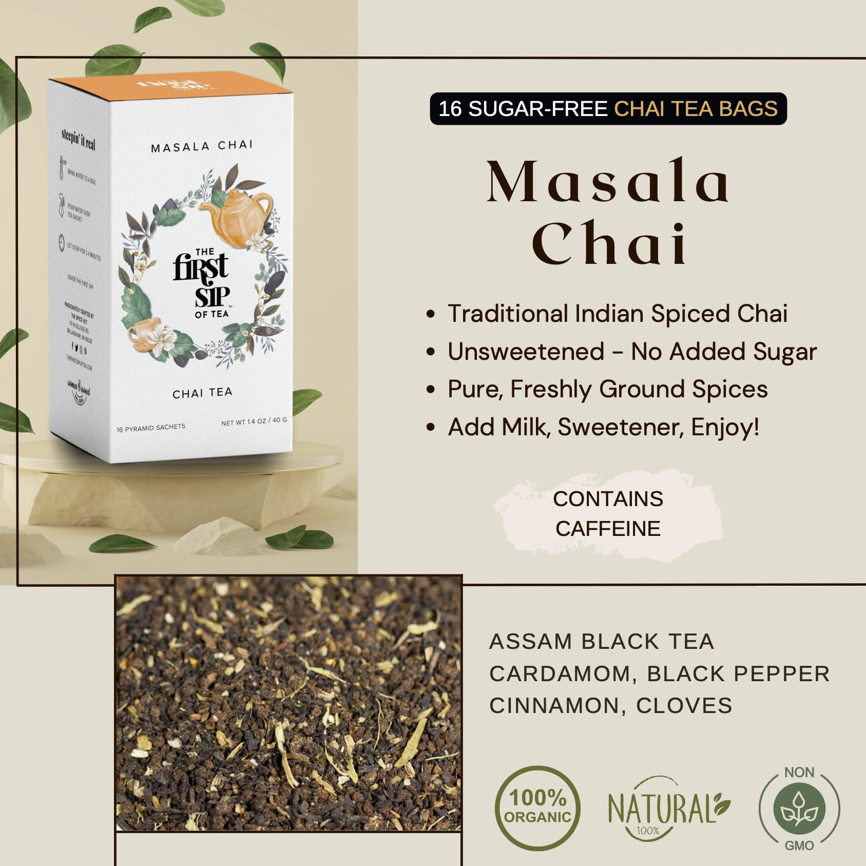 Masala Chai Tea Bags - Unsweetened Black Tea, High Caffeine, Traditional Indian Spiced Black Tea with Cardamom, Cinnamon, Fennel - 16 Cups | The Spice