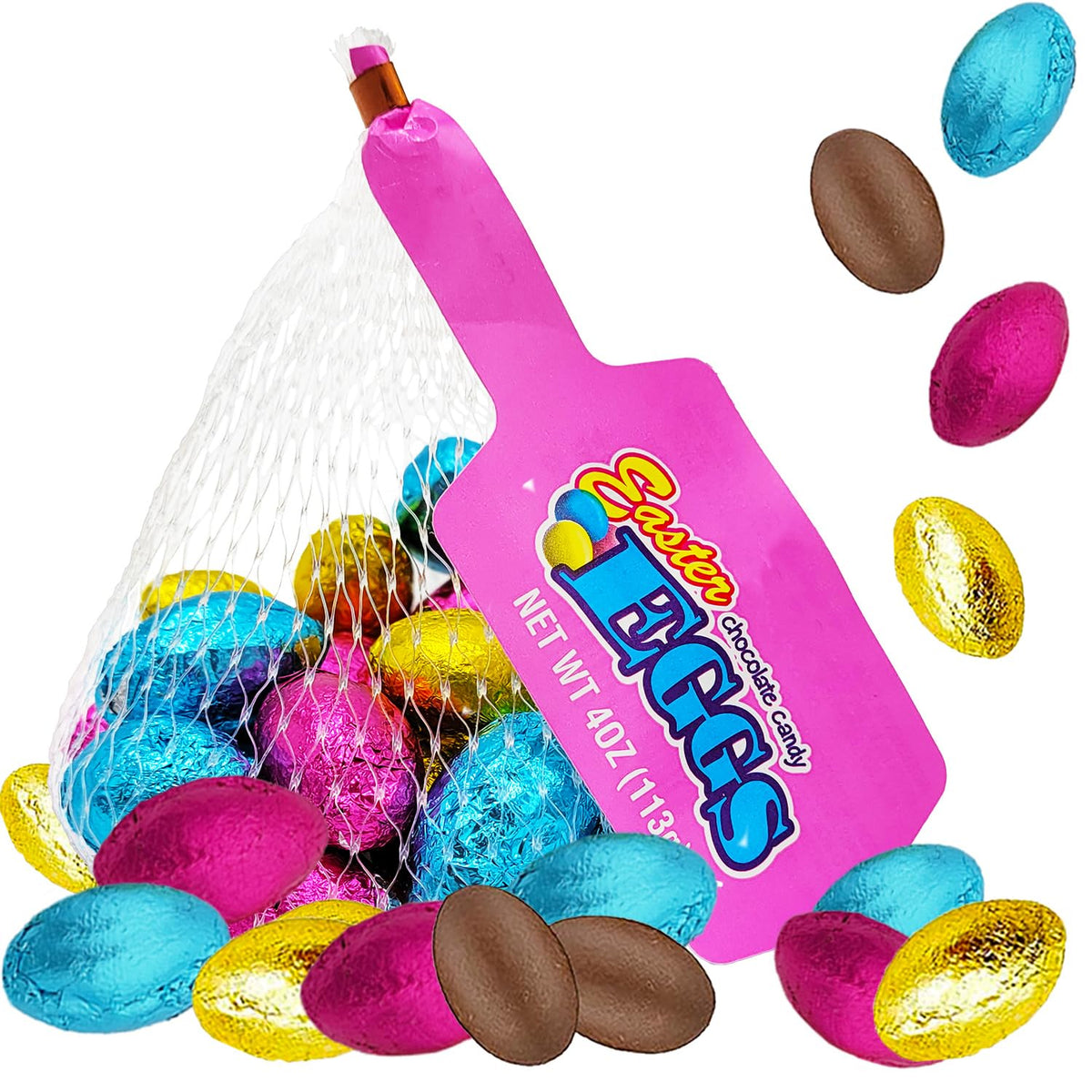 12-Count Fruidles Easter Pastel Foiled Eggs Milk Chocolate Mesh Bags, Happy Easter Day Eggs, Party Bag Fillers, Individually Wrapped, Kosher Certified