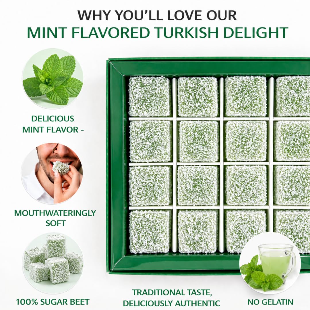 Turkish Delight Mint Flavor 450g (~1lb) - Traditional Lokum Candy with Refreshing Mint Taste - Soft Chewy Gourmet Dessert - No Additives - Made