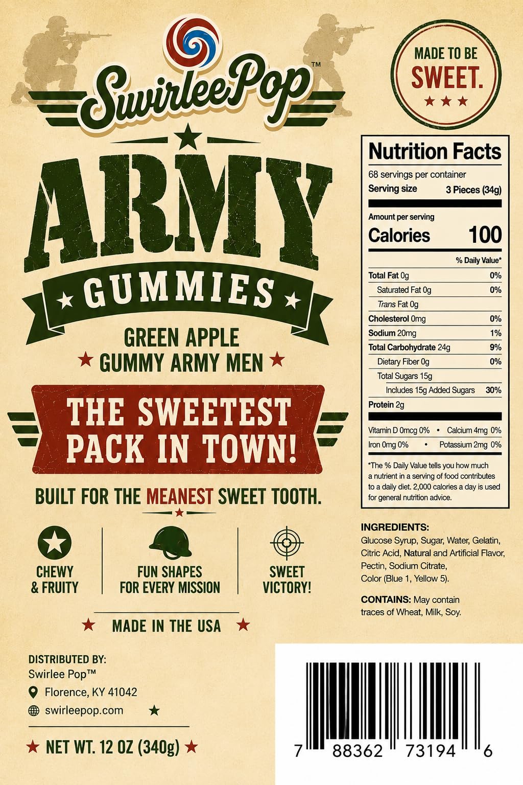Swirlee™ Army Guys Gummies - Green Apple Gummy Army Men Candy - 12 oz Novelty Military Shaped Gummies for Parties, Candy Buffets, Gifts & Care