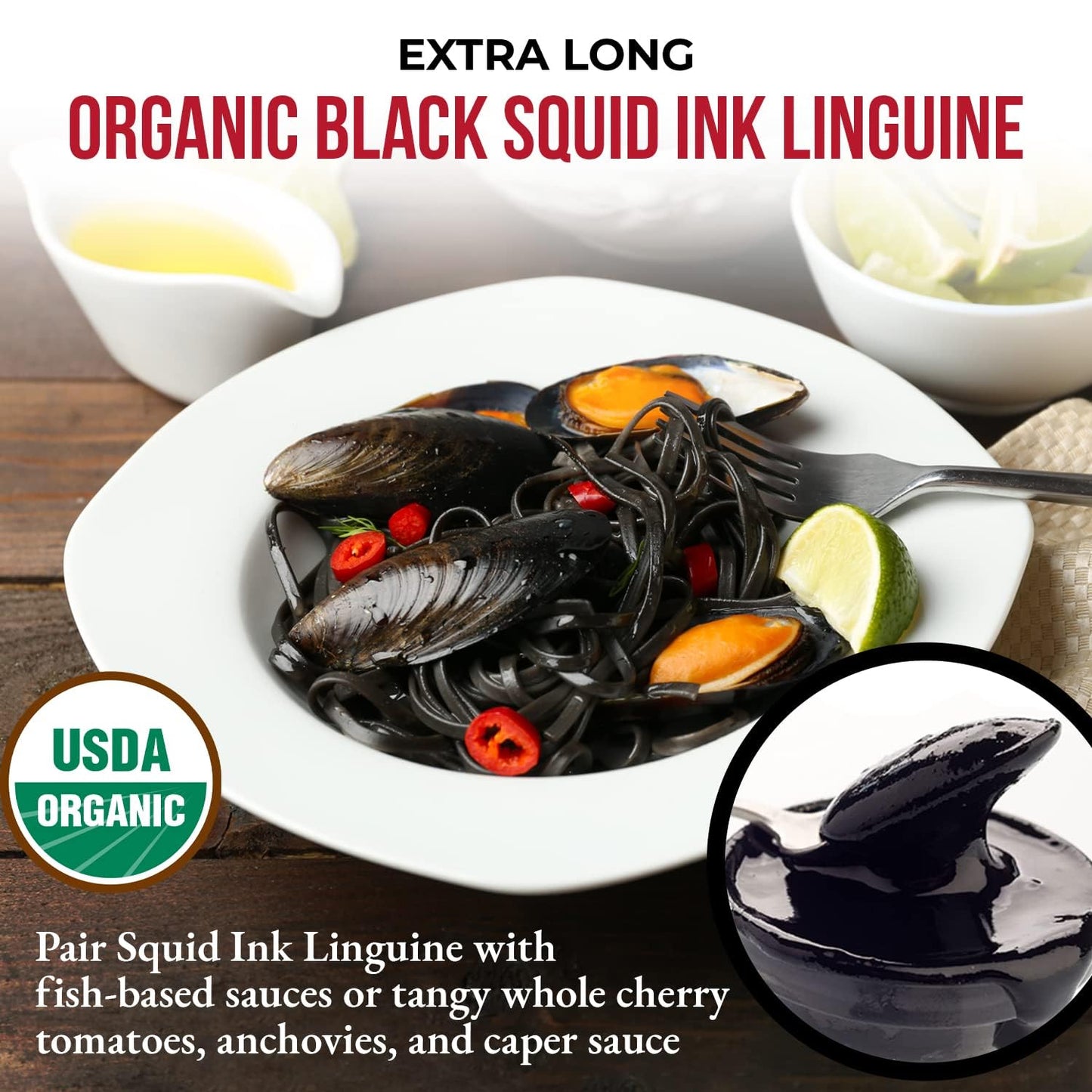 ANTICHI PODERI TOSCANI Organic Black Squid Ink Pasta Linguine - Black Pasta Noodles Made with Durum Wheat Semolina, Squid Ink, and Wheat Germ