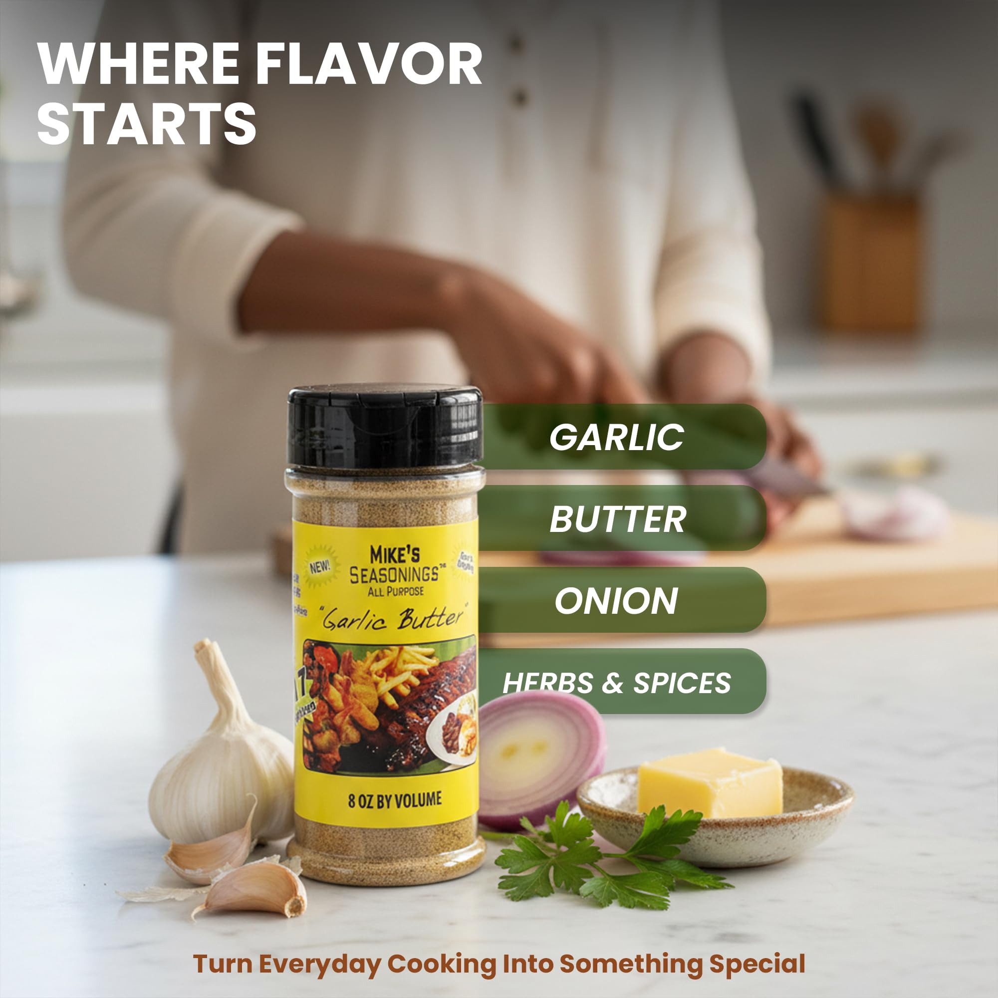 Mike's Garlic Butter Seasoning, No MSG Gluten Free 17-Spice Blend for Chicken, Steak, Garlic Bread and Popcorn, Made in USA, 8 oz