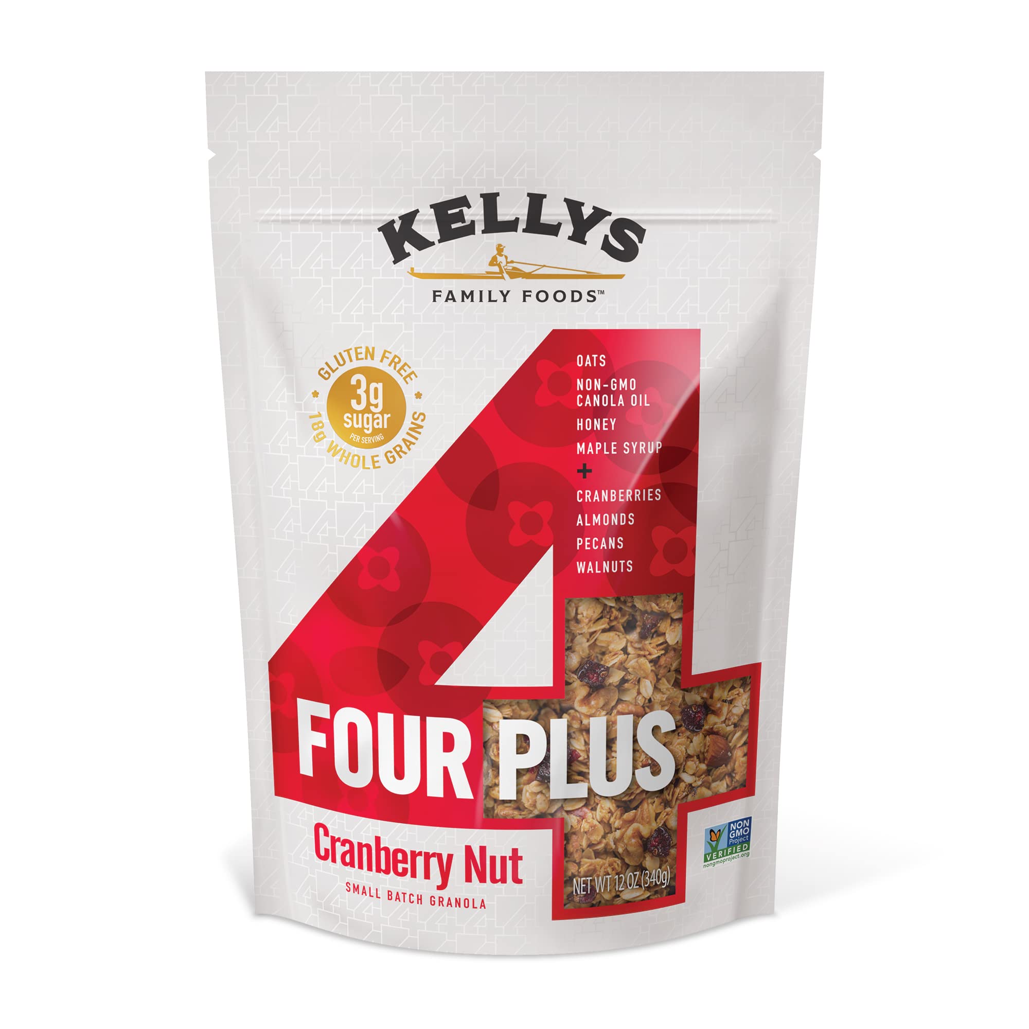 Kellys Four Plus Granola Cereal | Cranberry Nut Healthy Granola for Yogurt | Hand Made Snacks for Breakfast - 12 oz