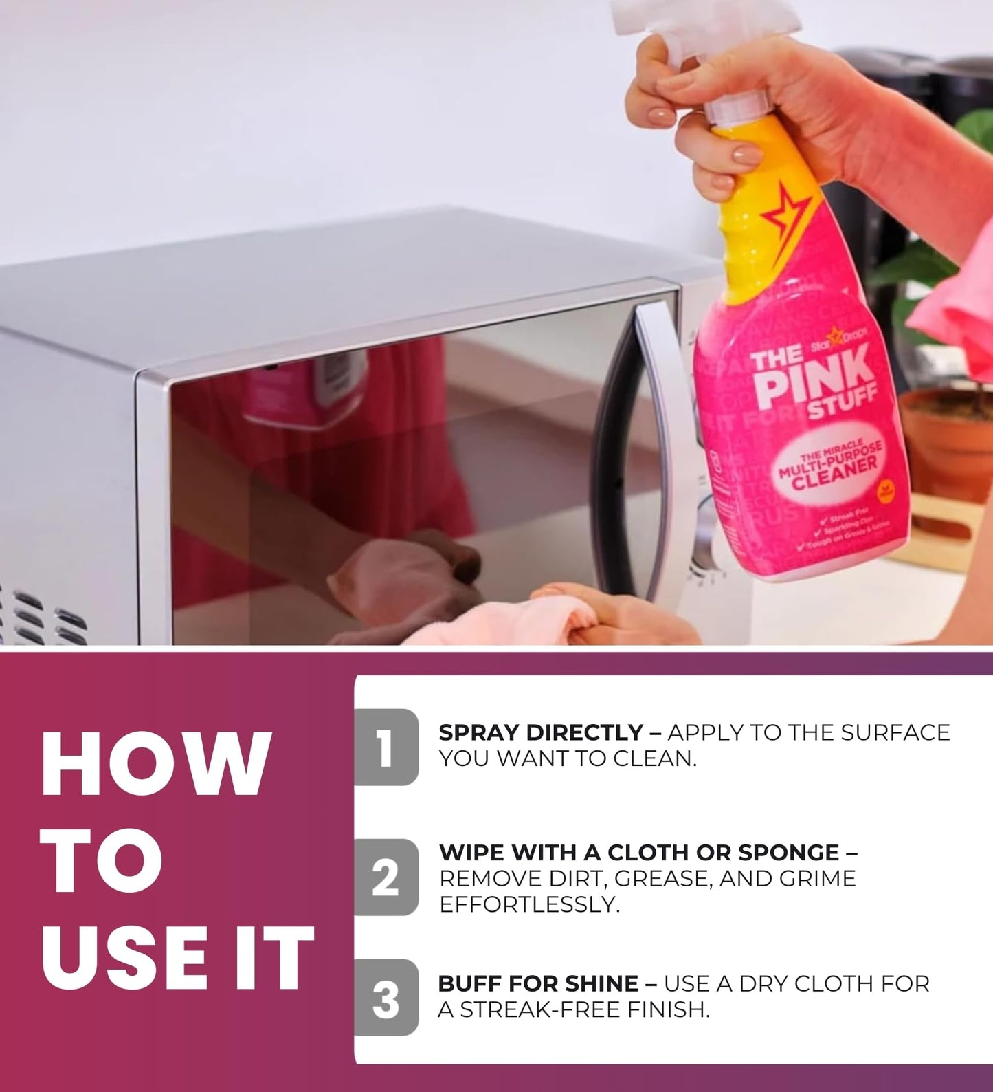The Pink Stuff Fruity Scent Multi-Purpose Cleaner Spray 25.4 oz Bundle with Microfiber Cloth + Scrub Brush - Natural Cleaner for All Surfaces