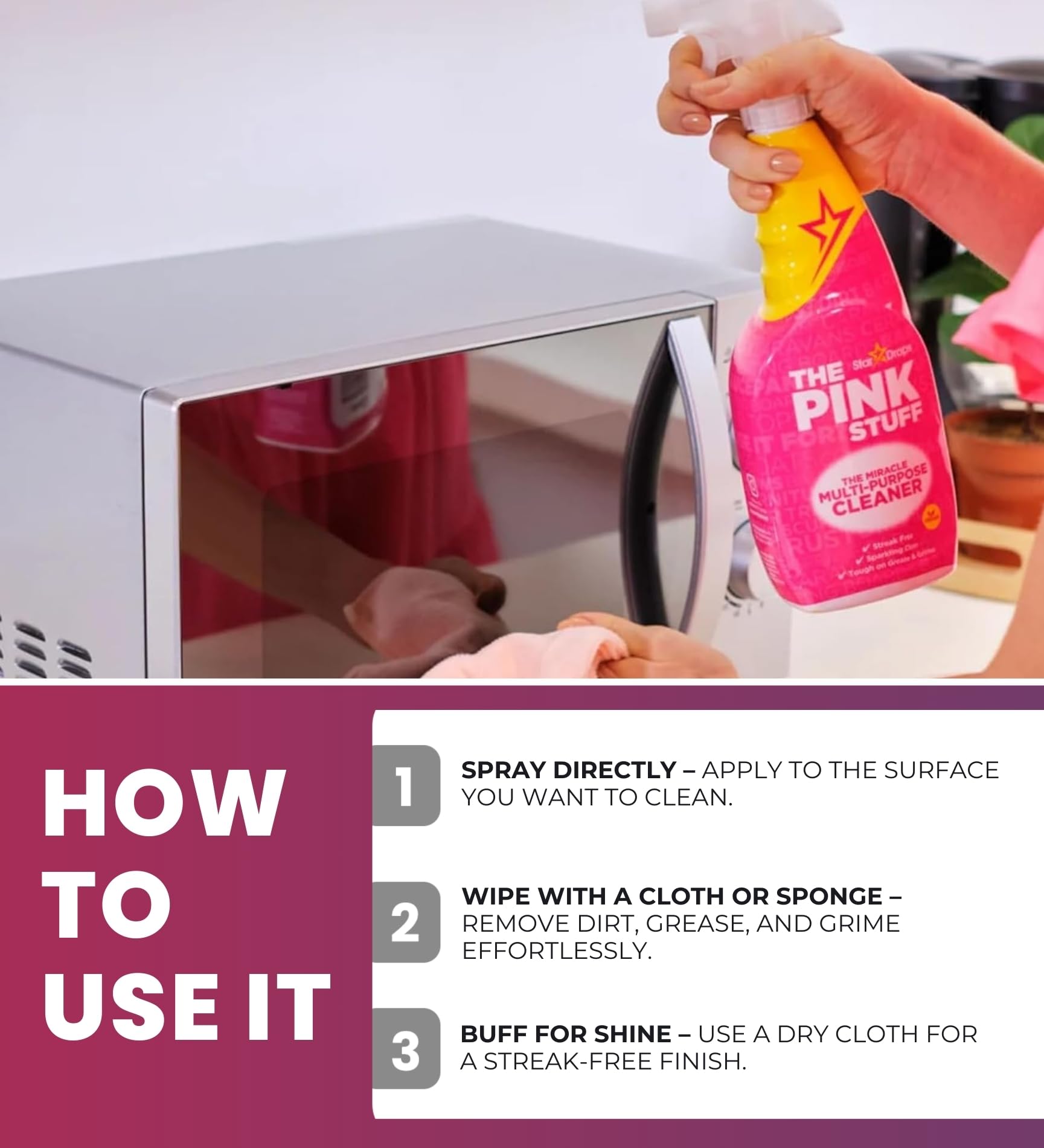 The Pink Stuff Fruity Scent Multi-Purpose Cleaner Spray 25.4 oz Bundle with Microfiber Cloth + Scrub Brush - Natural Cleaner for All Surfaces