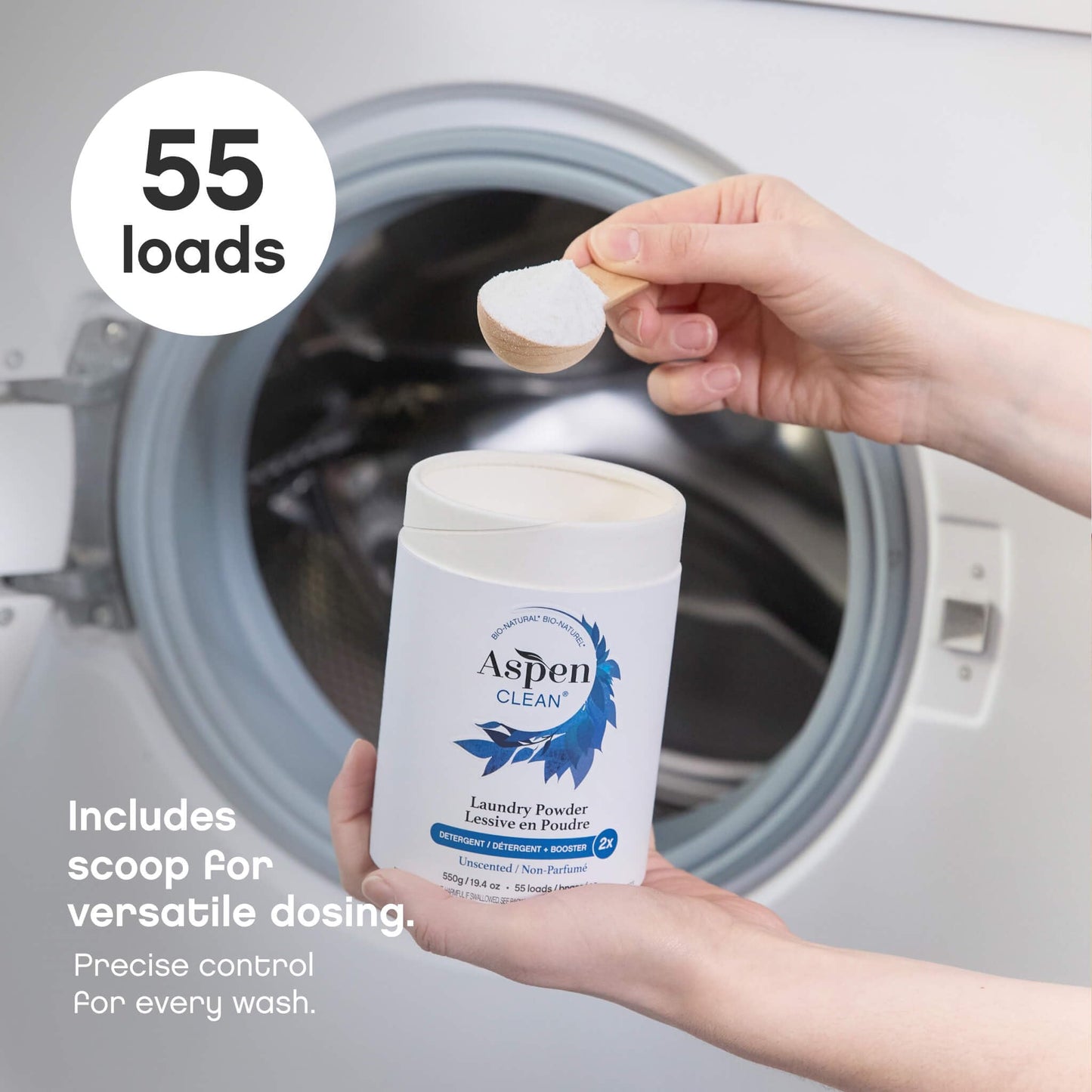 AspenClean Laundry Powder + Booster 2-in-1 Unscented 55 Loads Hyper Concentrated Stain & Odor Removal Enzyme Booster Non-Toxic 100% Natural EWG