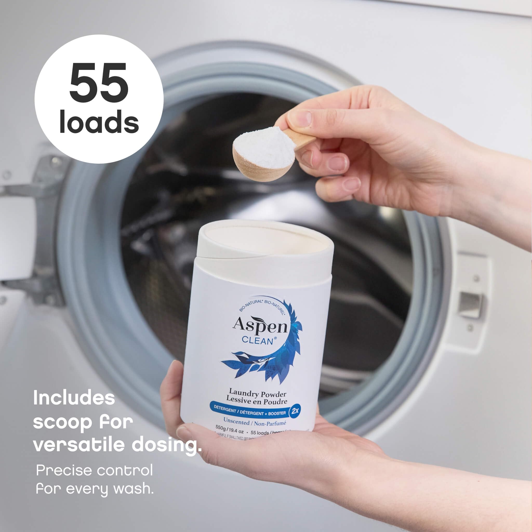 AspenClean Laundry Powder + Booster 2-in-1 Unscented 55 Loads Hyper Concentrated Stain & Odor Removal Enzyme Booster Non-Toxic 100% Natural EWG