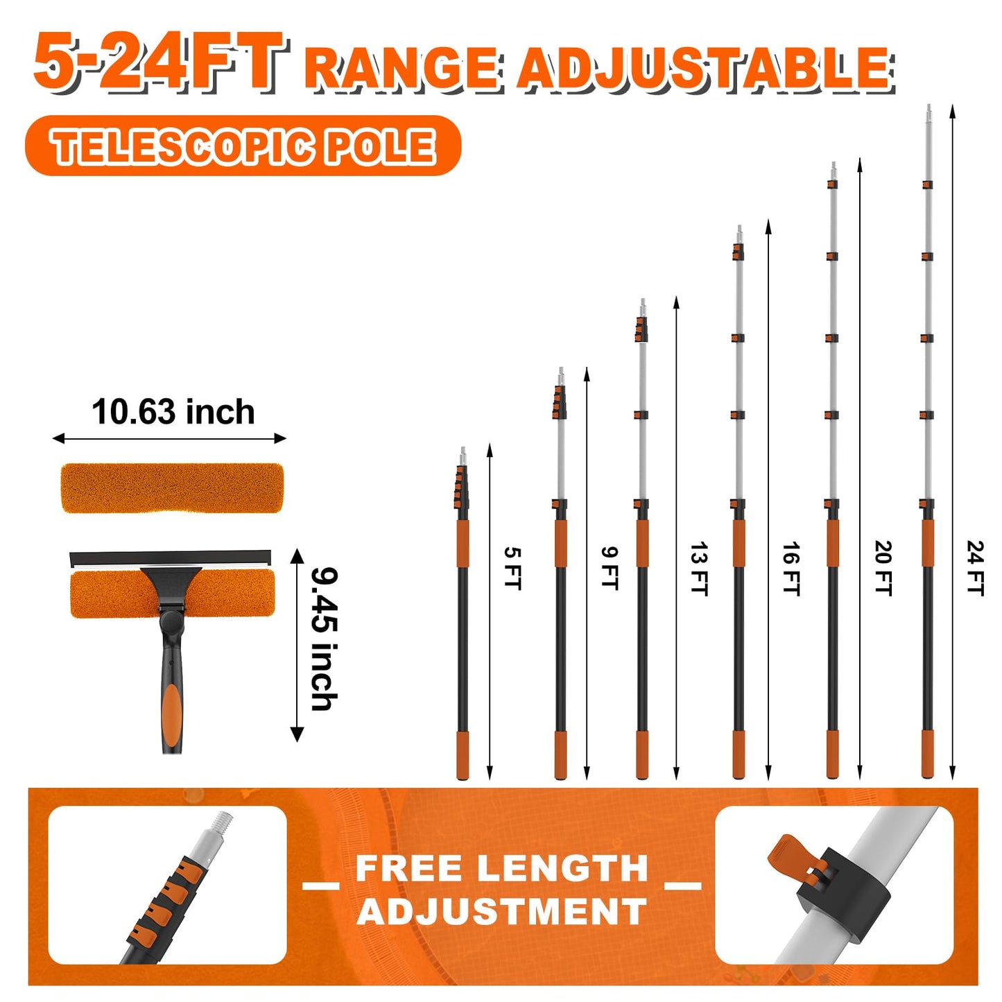 SISUPASSIE 30FT Reach 2-in-1 Window Squeegee, Professional Window Washing Kit with 5-24FT Extension Pole for Home, Indoor Outdoor Squeegee