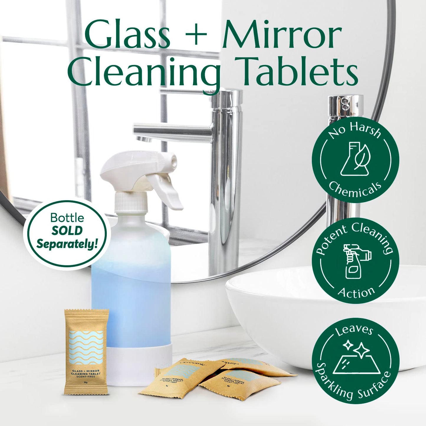CLEANOMIC Glass and Mirror Cleaning Tablets (6 Pack) - All-Purpose Multi-Surface Household Cleaner Tablets (Scent-Free)