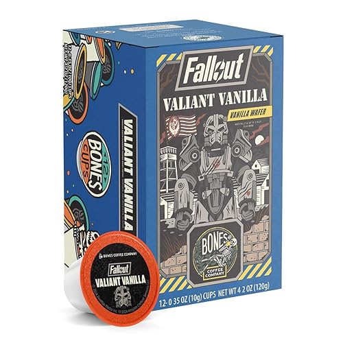 Bones Coffee Company Fallout Valiant Vanilla, Vanilla Wafer Flavored Coffee Pods, Low Acid Medium Roast Single-Serve Bones Cups, Compatible with 1.0