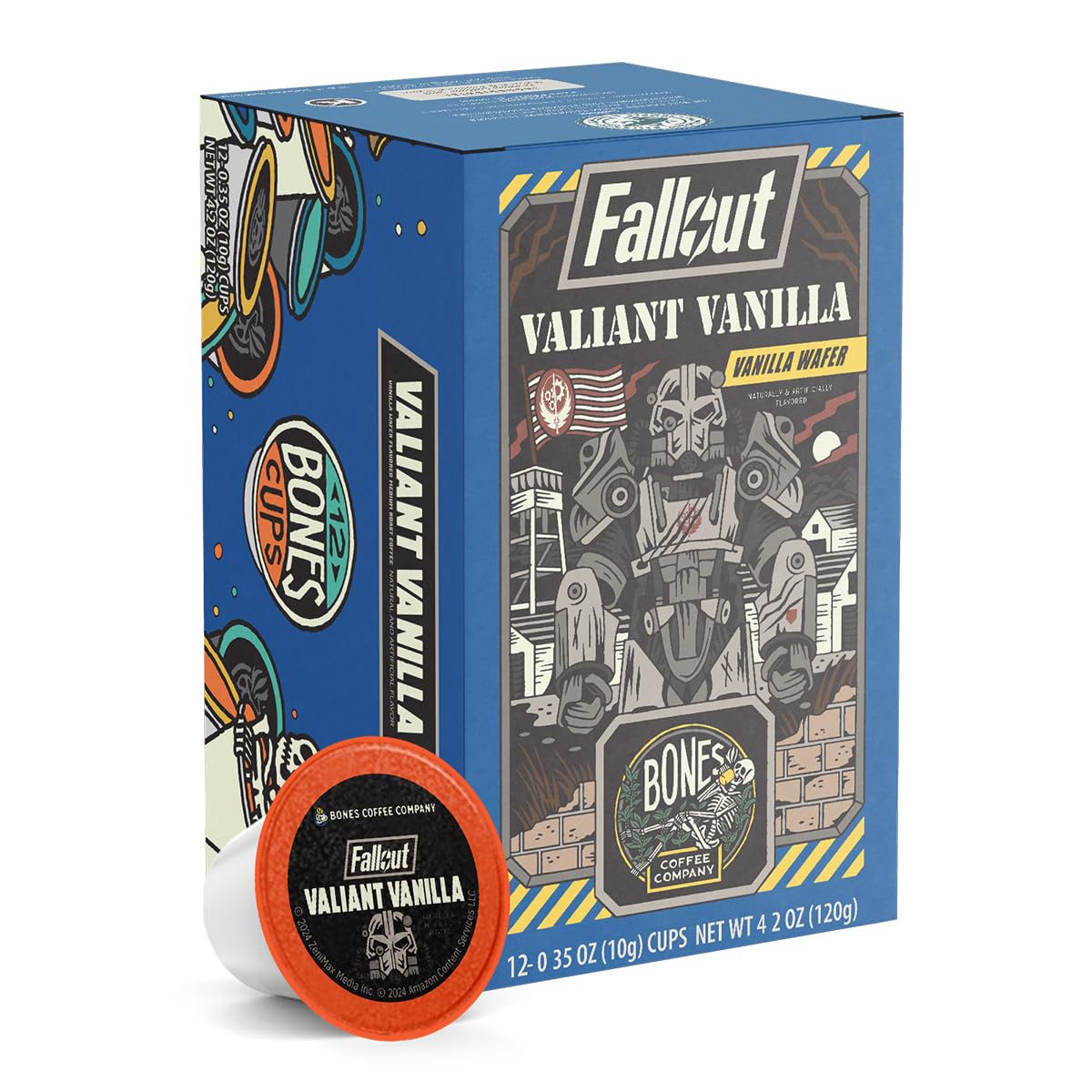 Bones Coffee Company Fallout Valiant Vanilla, Vanilla Wafer Flavored Coffee Pods, Low Acid Medium Roast Single-Serve Bones Cups, Compatible with 1.0