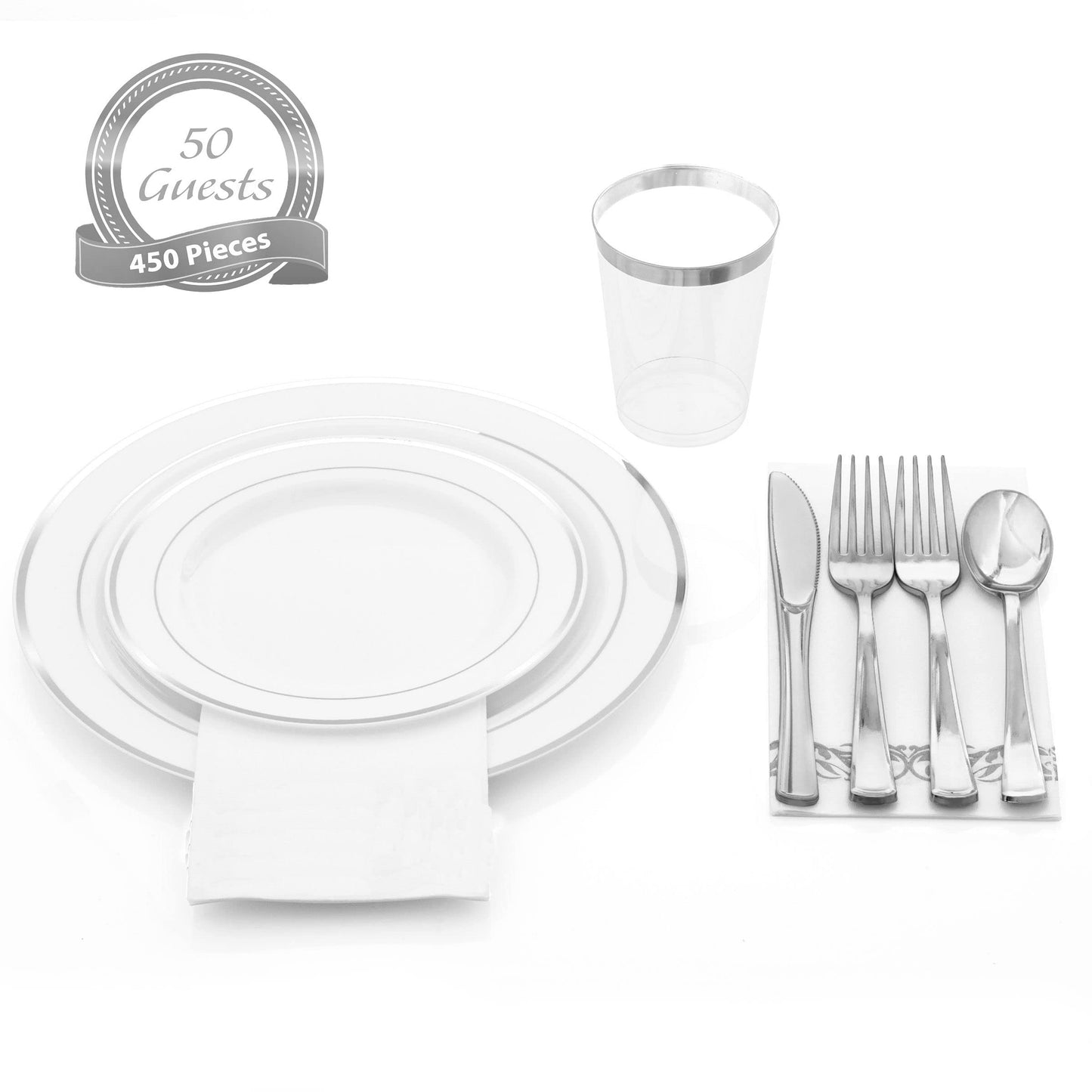 Silver Disposable Plates Set For 50 Guest - 450 Piece Silver Plastic Dinnerware Set - 100 Silver Rimmed Plastic Plates, 50 Silver Rimmed Plastic Cups