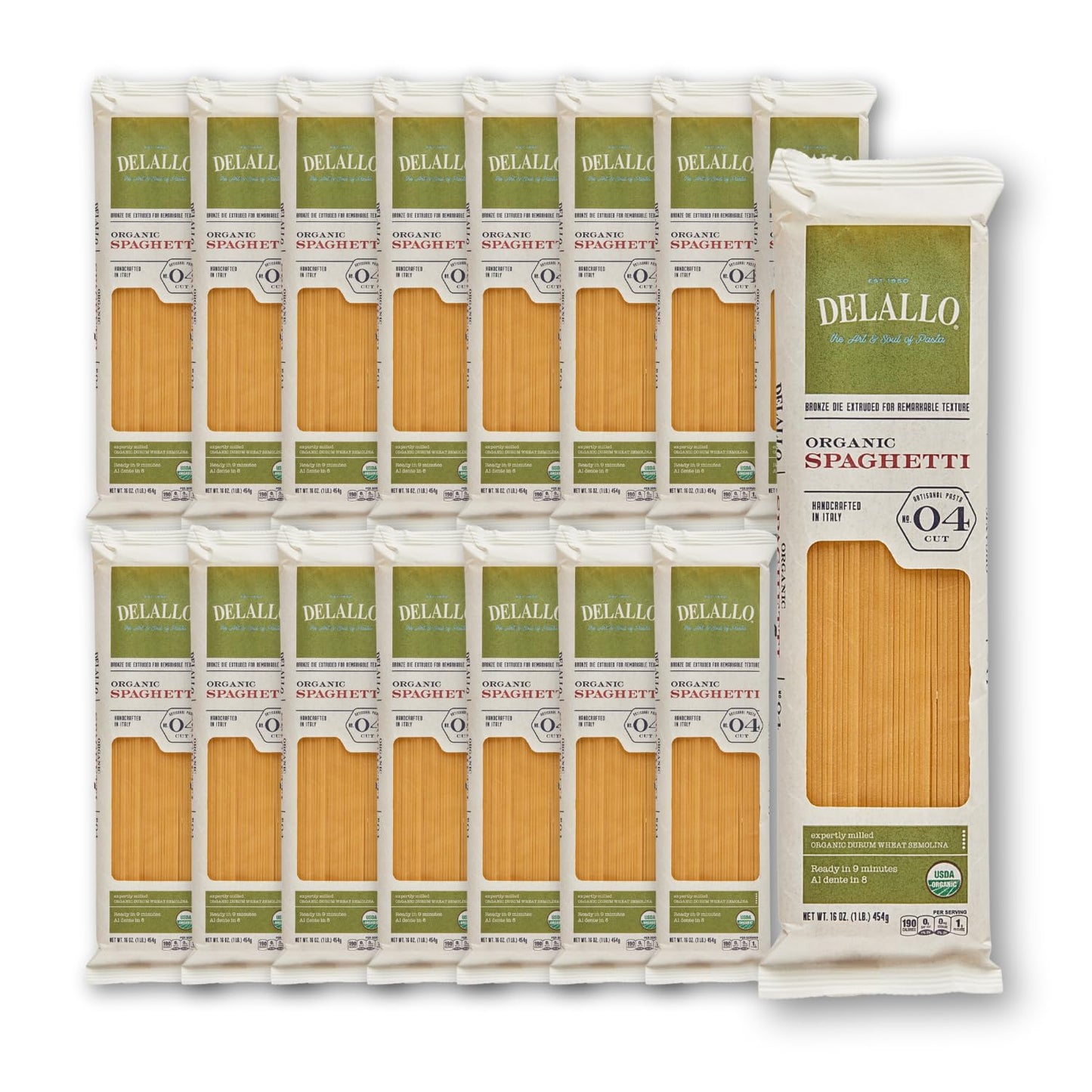 DeLallo Organic Spaghetti Pasta, Made in Italy with 100% Certified Organic Semolina Durum Wheat Flour, Bronze Cut, Non-GMO, Kosher, Vegan, 1 Pound