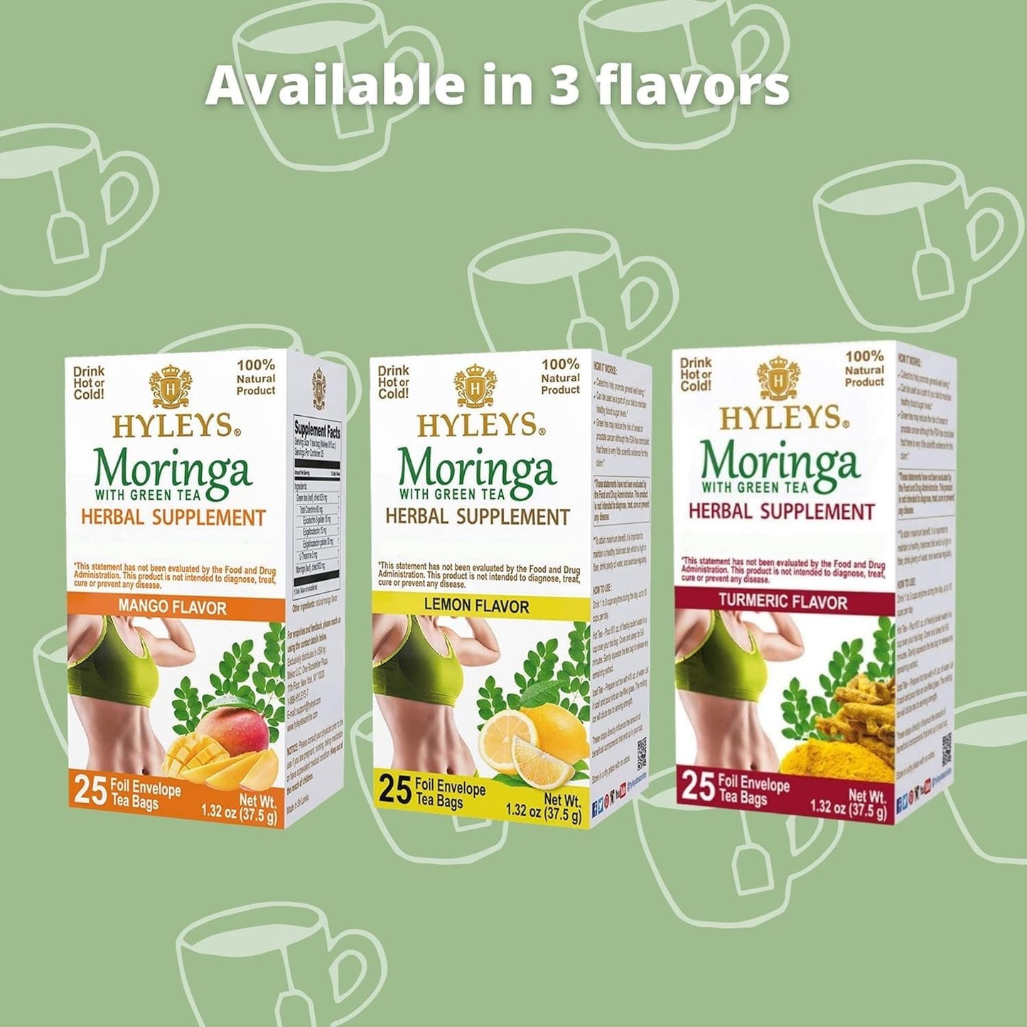 HYLEYS Moringa and Mango Green Tea, 50 Individually Wrapped Tea Bags - Dried Moringa Oleifera Leaves - No Artificial Flavors or Preservatives, Natural