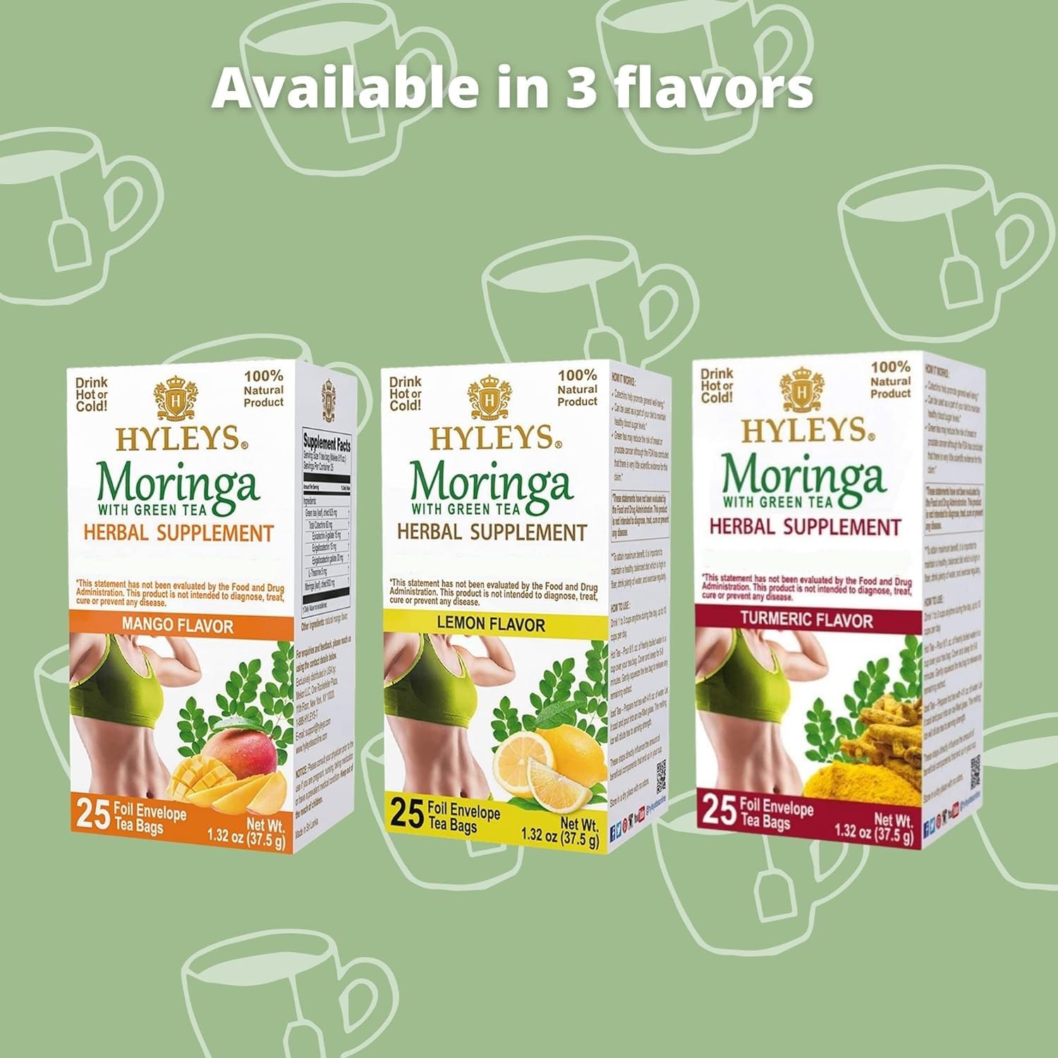 HYLEYS Moringa and Mango Green Tea, 50 Individually Wrapped Tea Bags - Dried Moringa Oleifera Leaves - No Artificial Flavors or Preservatives, Natural