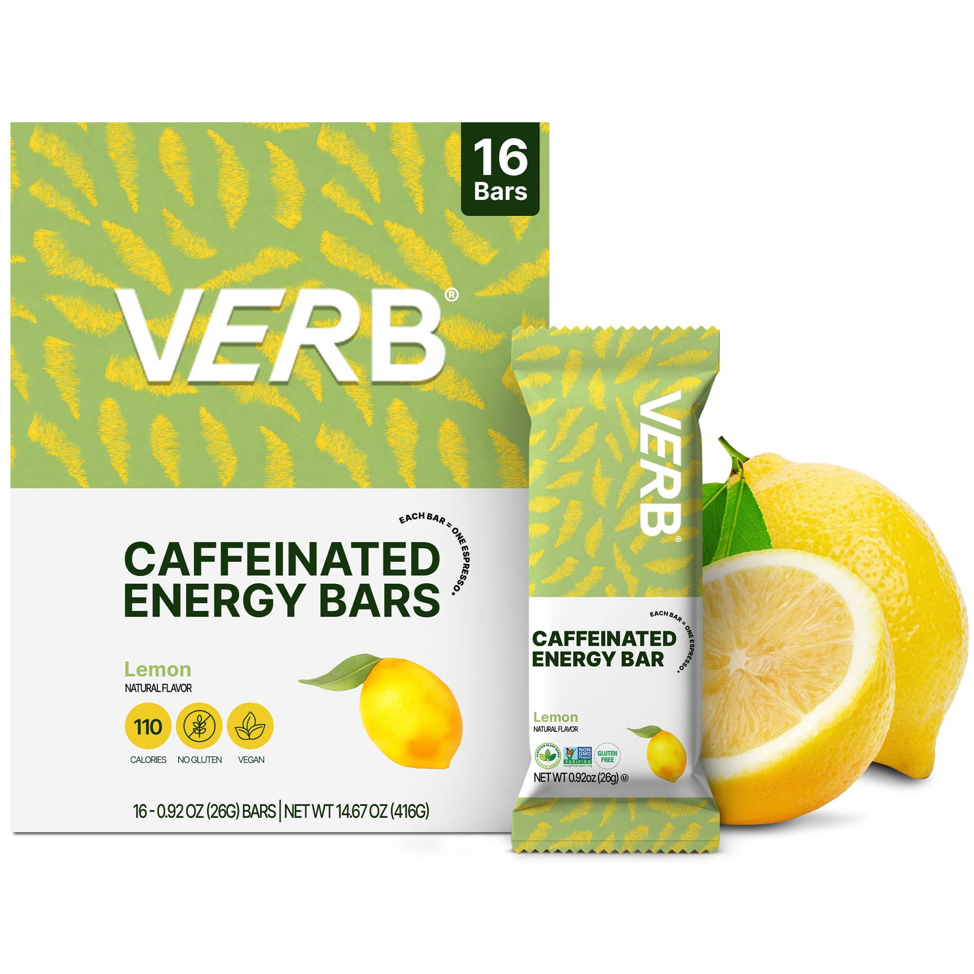 Verb Caffeinated Energy Bars Lemon (26g, Pack of 16) 110-Calorie Delicious Low Sugar Energy Bar - Vegan Gluten Free On-the Go Snack with 80mg Green