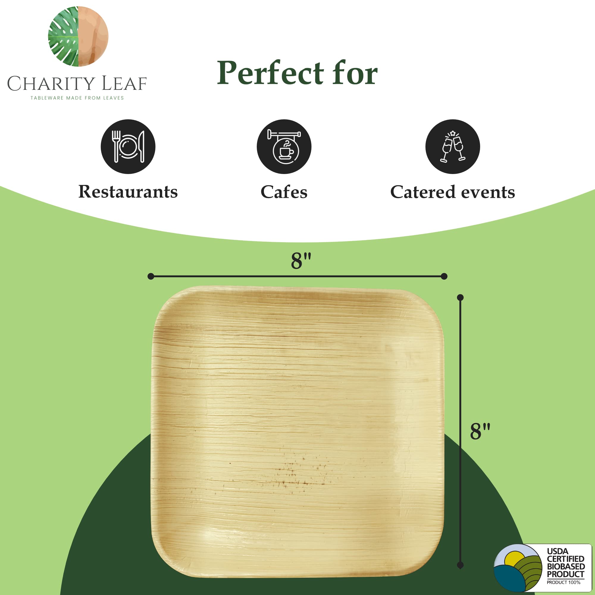 Charity Leaf 8" Square Palm Leaf Plates (50-pack) | Eco-friendly, Heavy Duty | For Parties, Weddings, BBQs & Catering