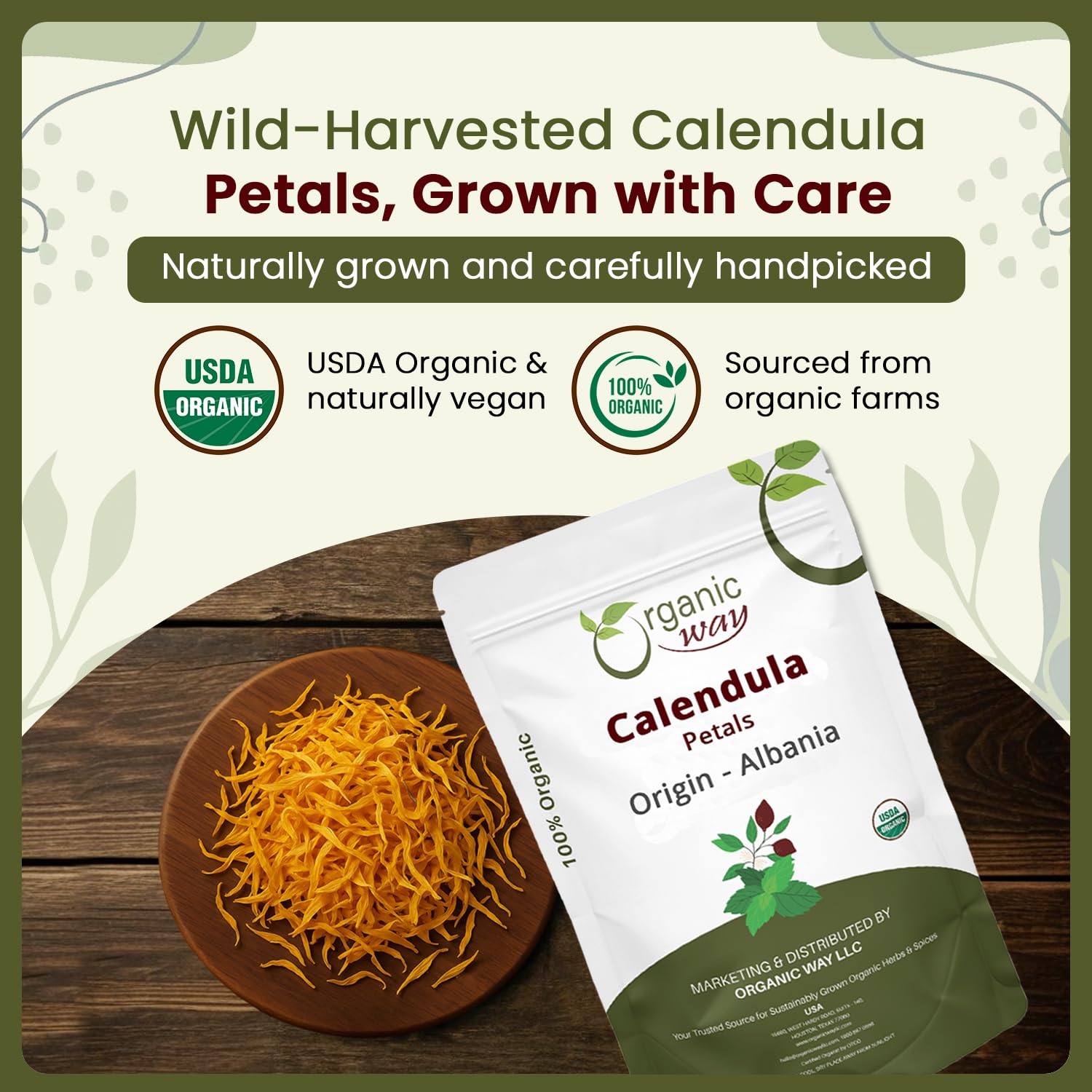 Organic Way Dried Calendula Petals | Herbal Tea (Calendula officinalis) - European Wild-Harvest | Organic & Kosher Certified | USDA Certified | Origin