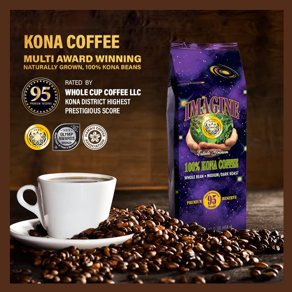 Imagine Kona Coffee Whole Bean | Arabica Kona Beans | Top Grade Air Roasted Organic Coffee Beans | Medium Dark Roast | Organic Whole Bean - 16oz
