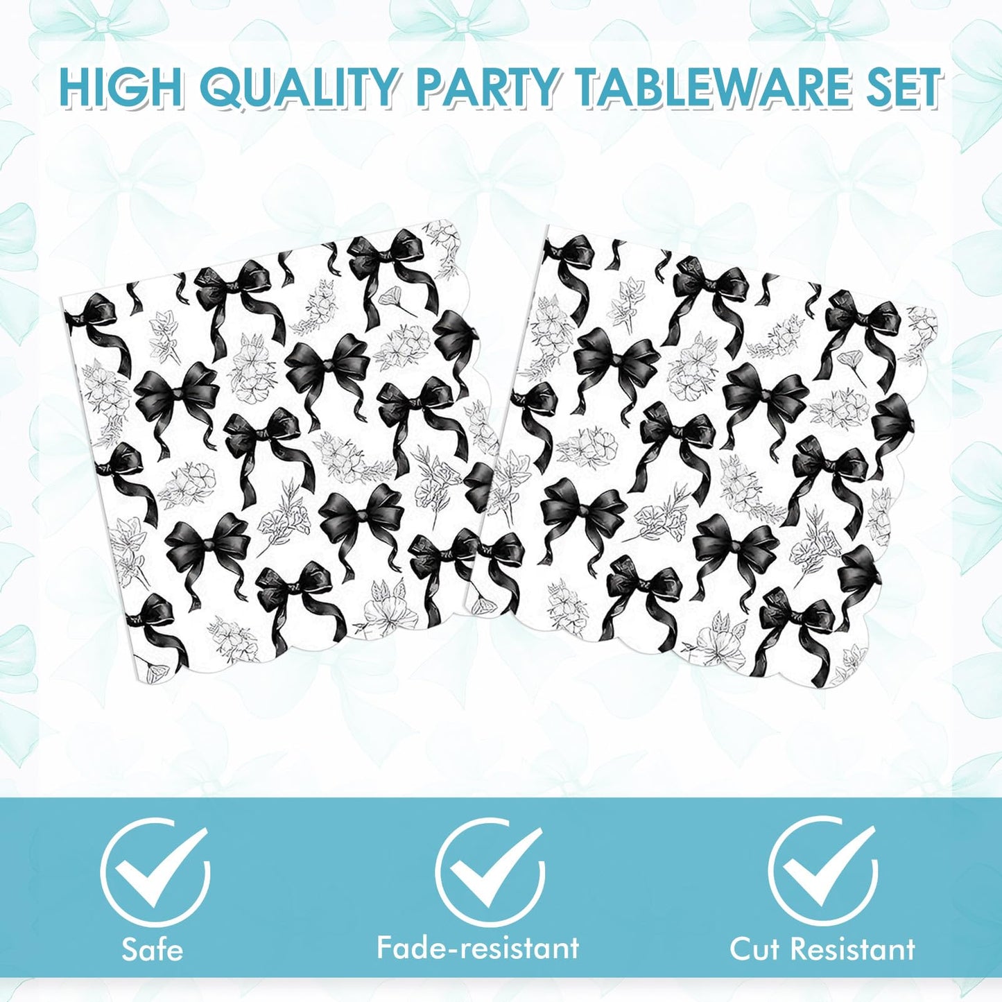 Actoridae 40PCS Black Bow Paper Plates and Napkins Set - Disposable Black and White birthday Party Supplies for Girls & Women, Coquette Birthday