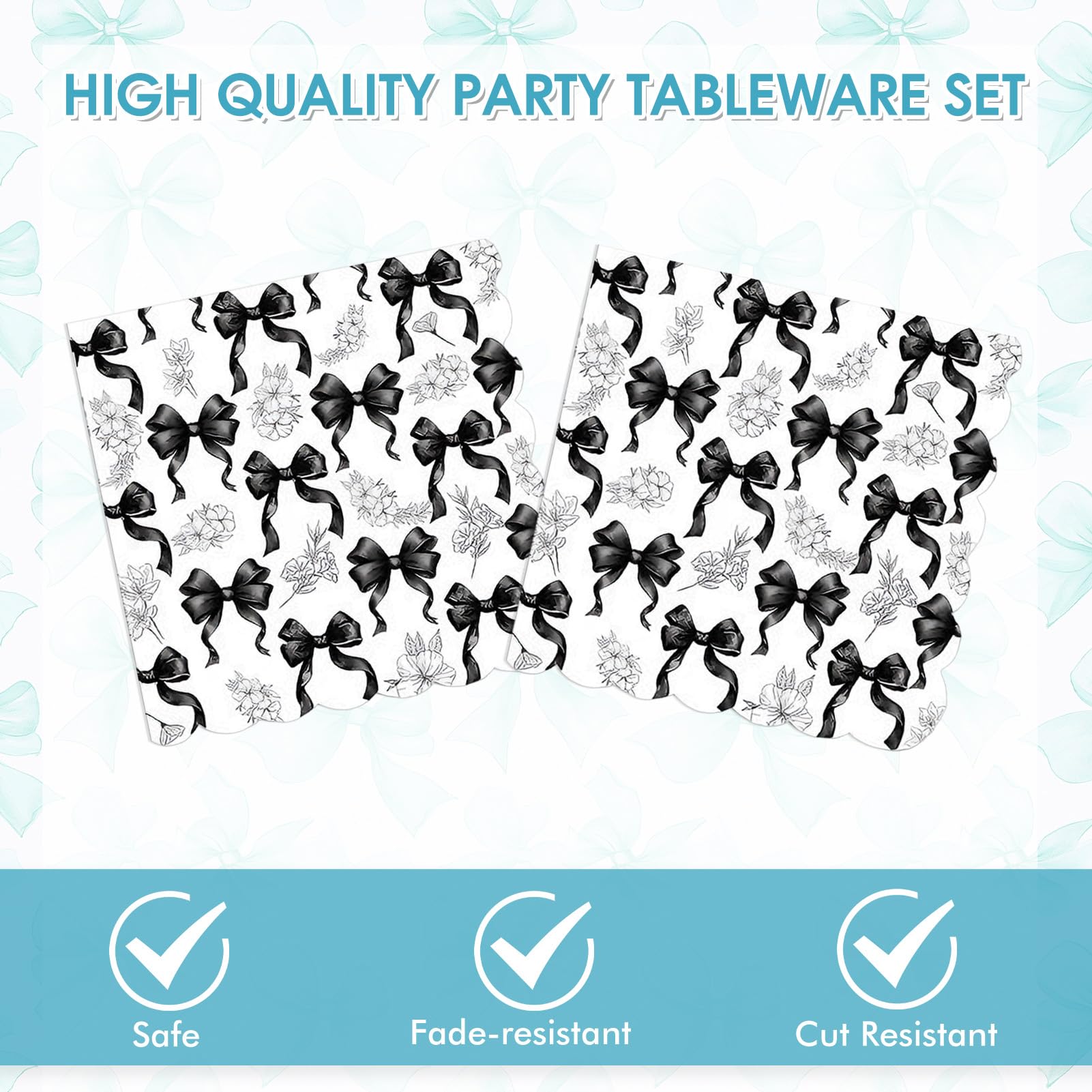 Actoridae 40PCS Black Bow Paper Plates and Napkins Set - Disposable Black and White birthday Party Supplies for Girls & Women, Coquette Birthday