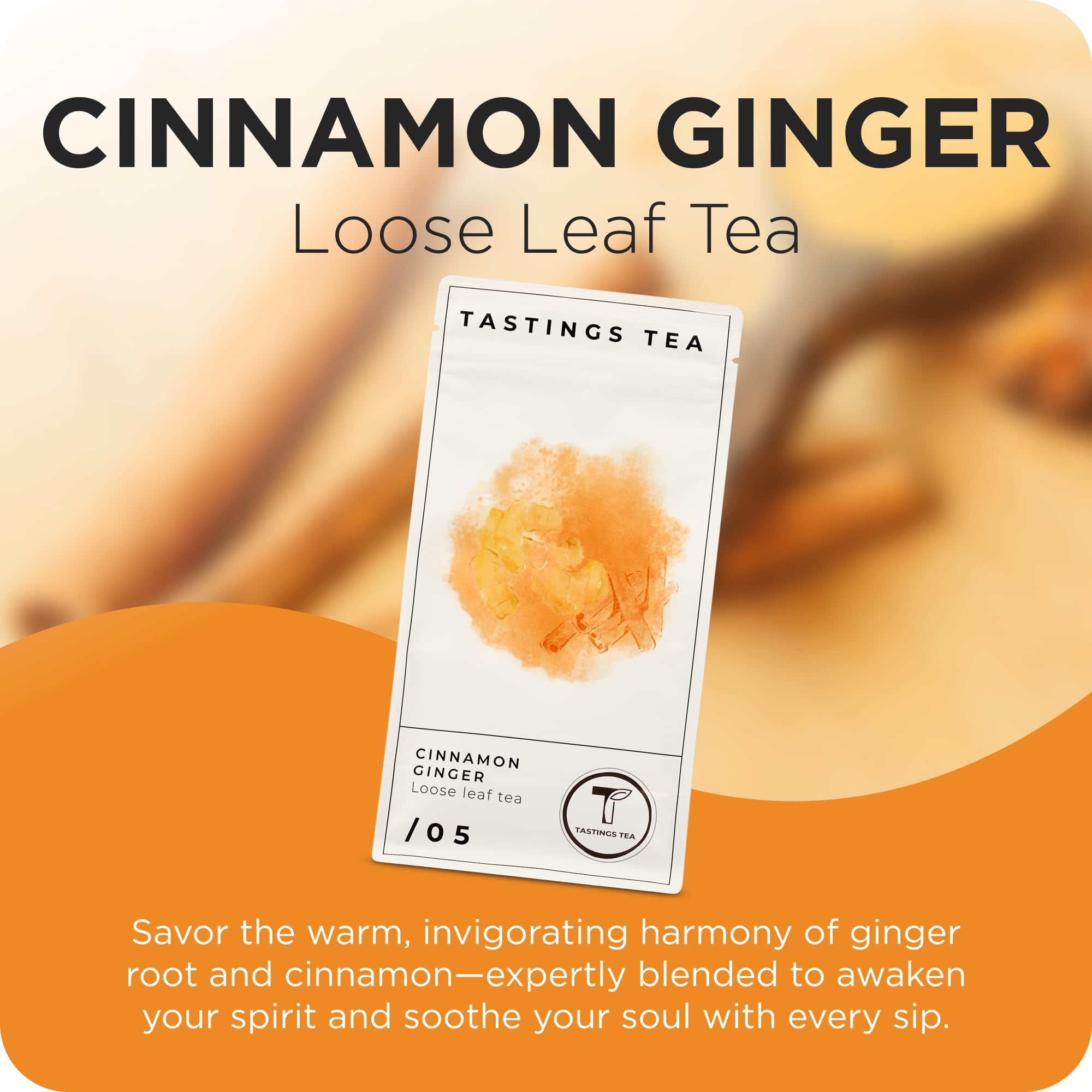 Tastings Tea Cinnamon Ginger Loose Leaf, 8 oz | Winter Warming Herbal Spice Blend for a Seasonal Brew | Natural Antioxidants for Wellness | Small