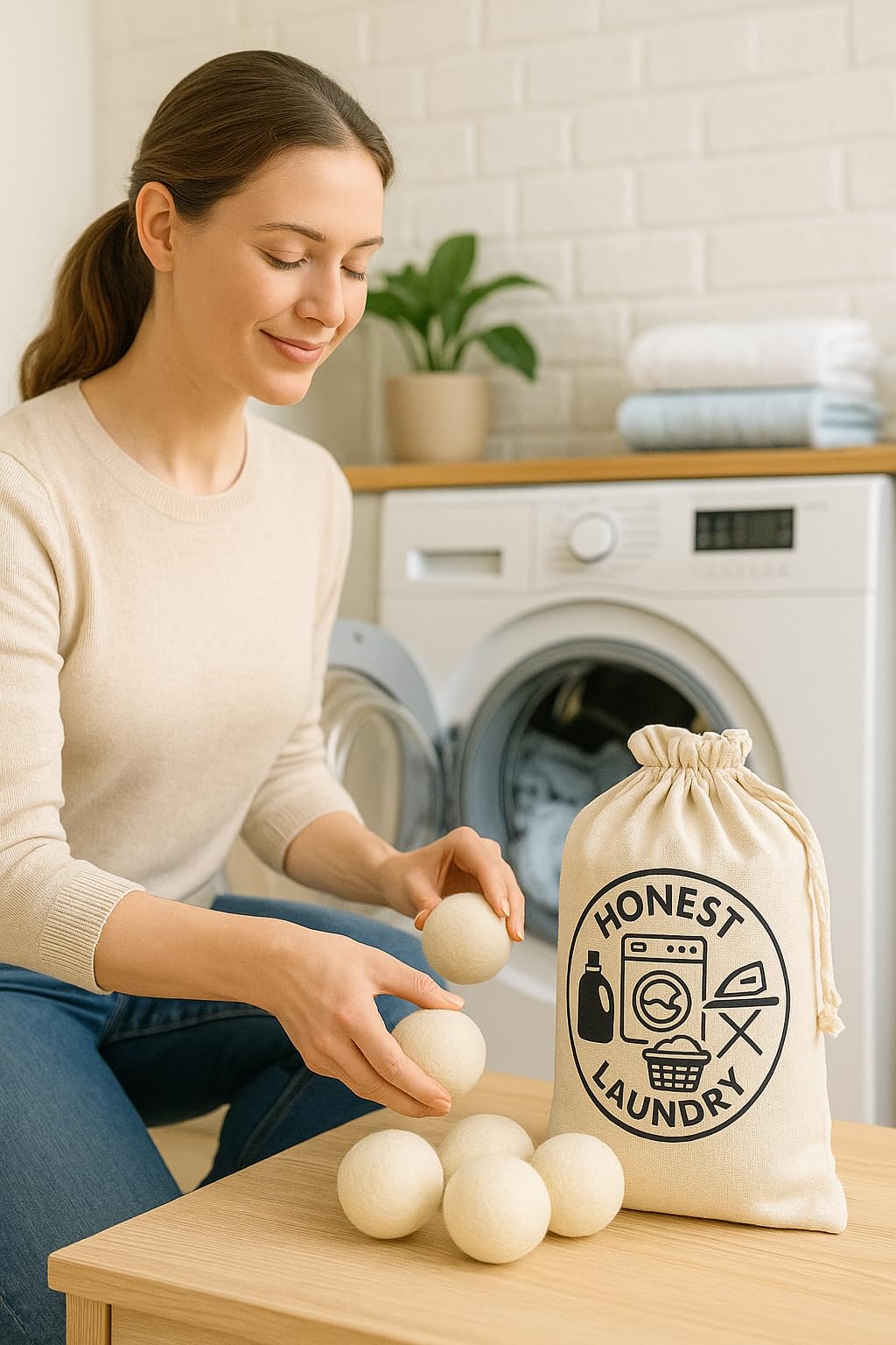 Wool Dryer Balls with Storage Bag, Natural White, Pack of 6 Honest Laundry