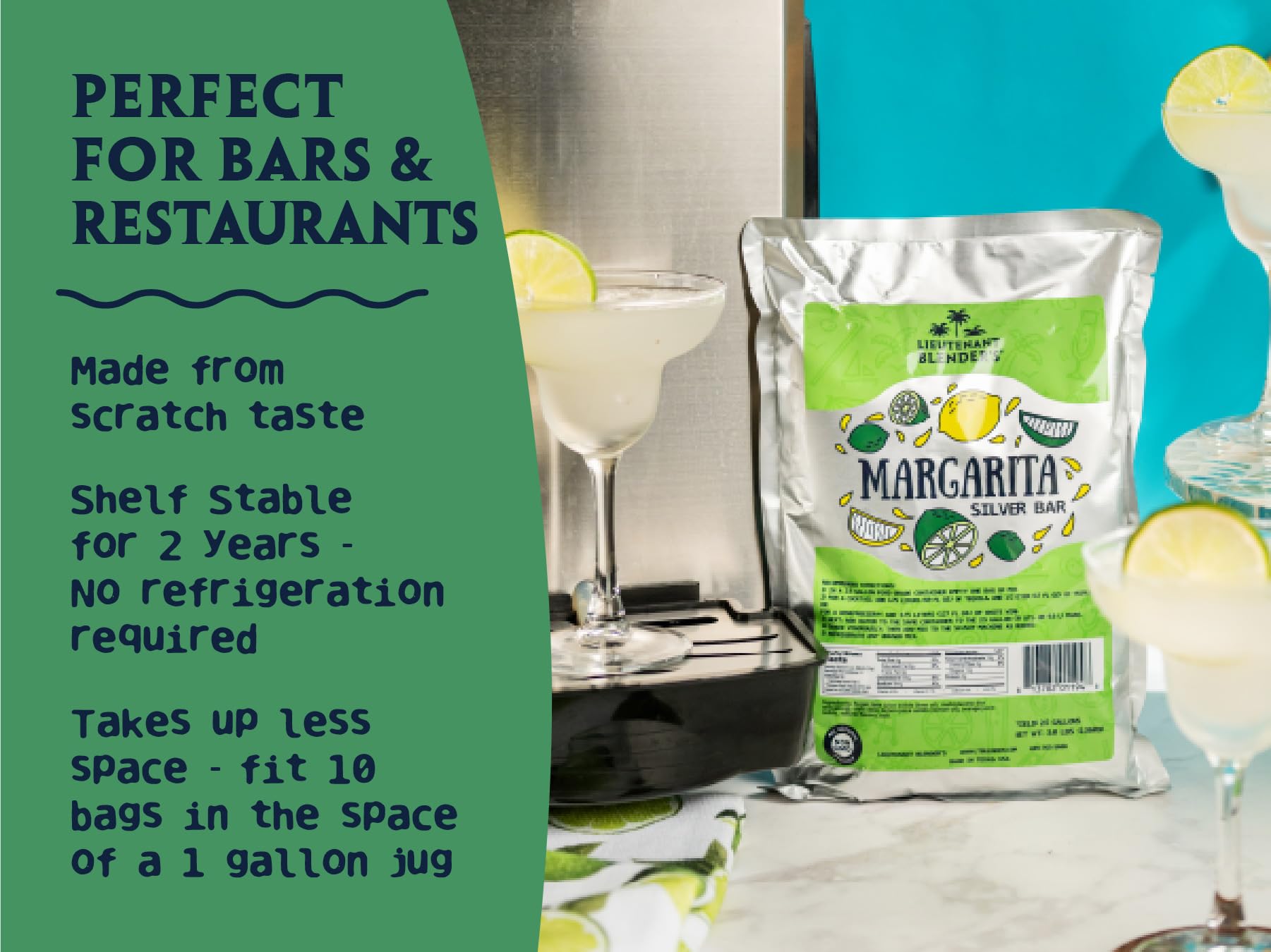 Lt. Blender's Silver Bar Margarita Cocktail Mix/Concentrate - Makes 2.5 Gallons of Non-GMO Frozen or "On the Rocks" Margarita Mixer - for your