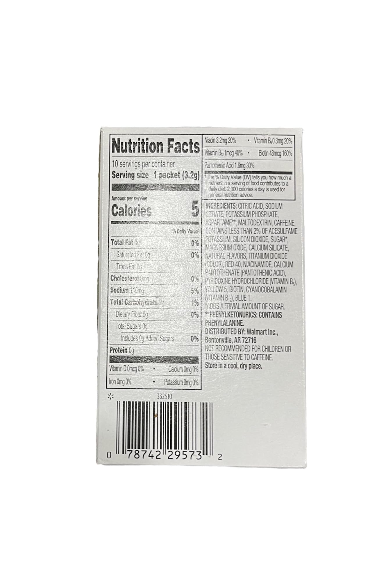 Great Value Watermelon Limeade Powdered Energy Electrolyte Drink Mix with Caffeine. 10 Packets Per Box. 3 Boxes. 30 Total Stick Packets