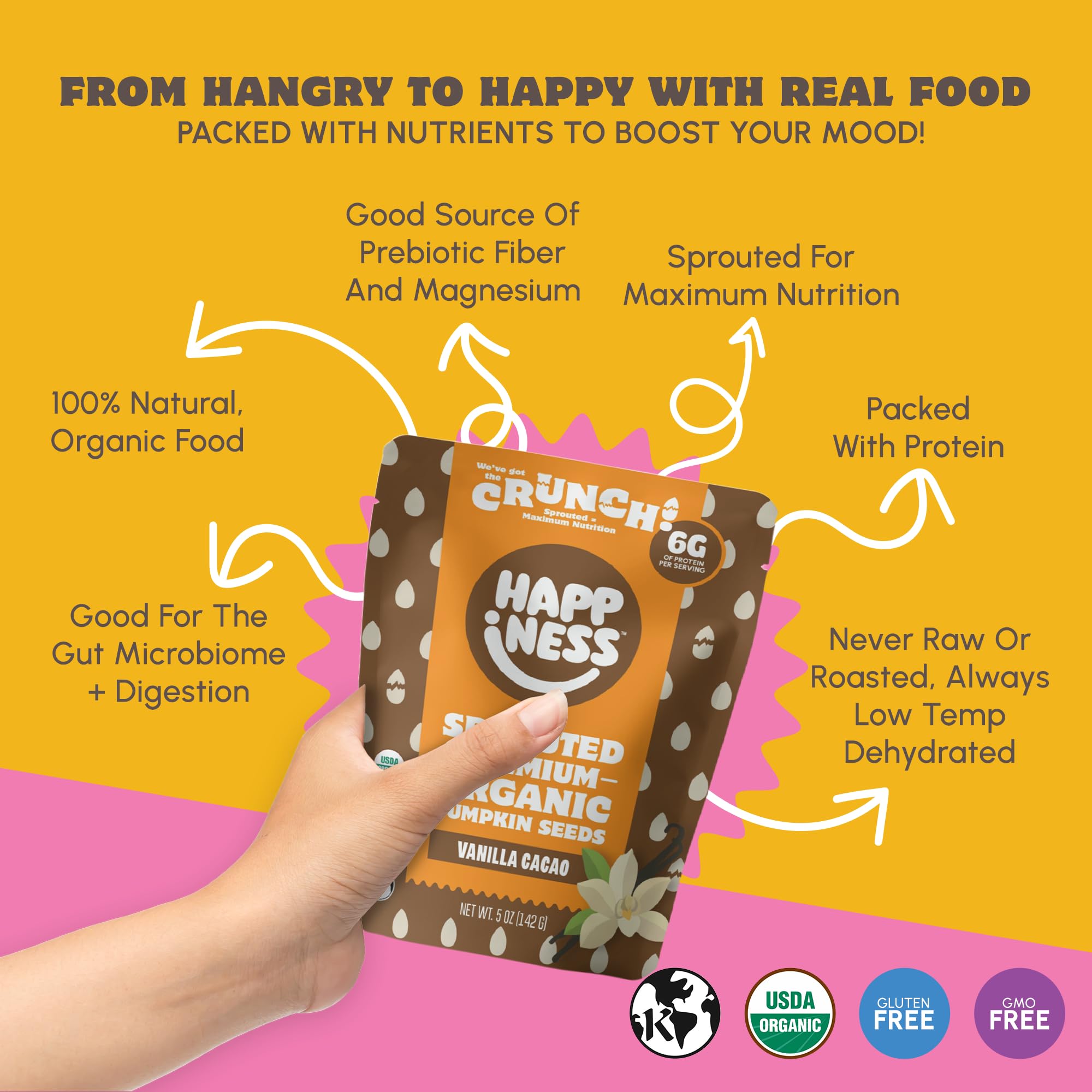 Happiness Foods™ Vanilla Cacao - Sprouted Organic Raw Pumpkin Seeds - High Protein, Certified USDA Organic, Non-GMO, Low Carb, Vegan, Gluten-Free