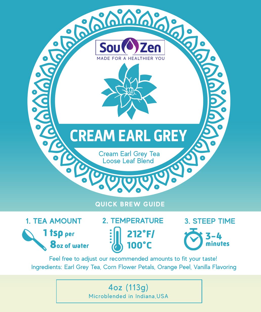 Sou Zen Cream Earl Grey 4oz (113g) Loose Leaf Tea | Premium Quality Tea Leaves and Ingredients | Creamy Vanilla Taste and Naturally Organic