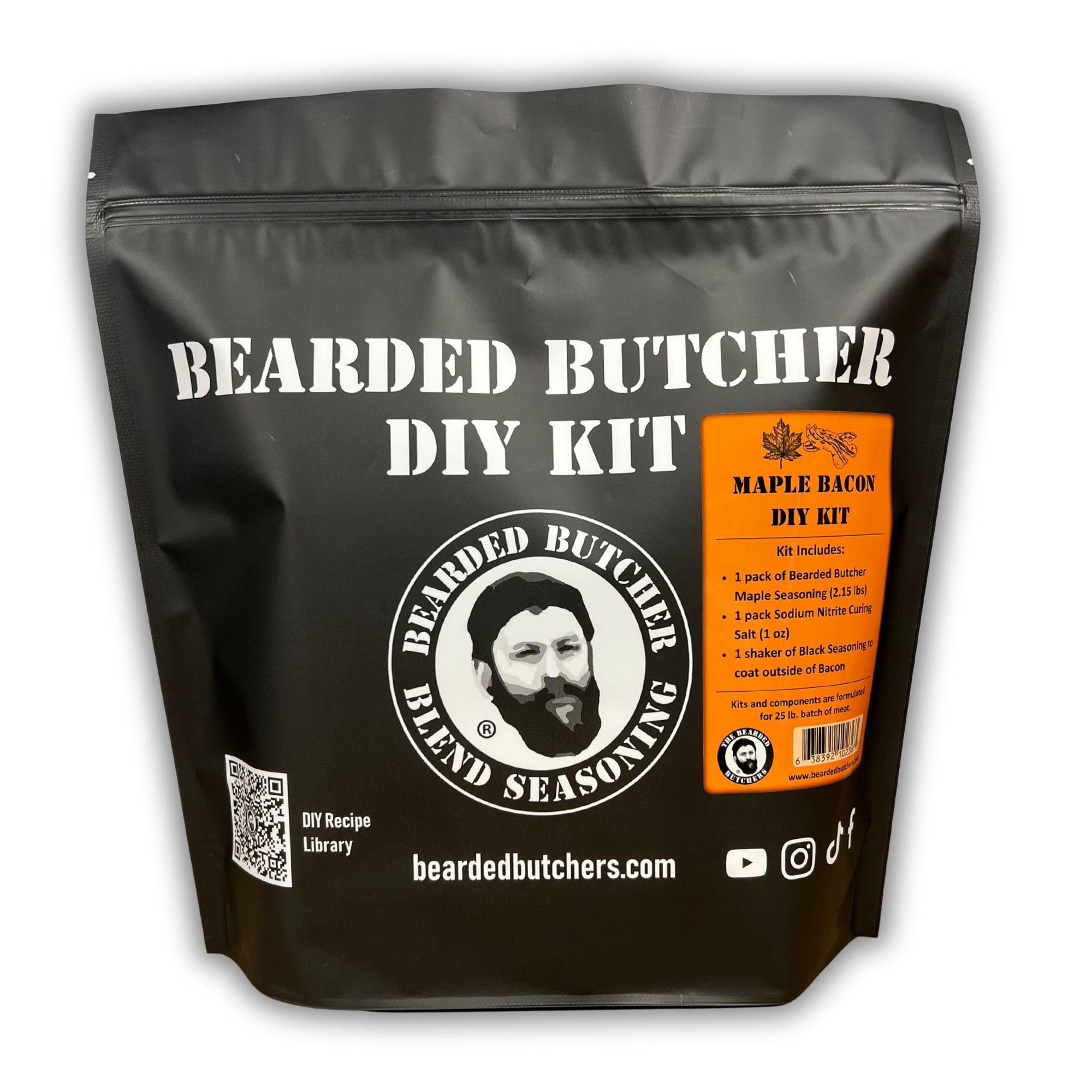 Bearded Butchers Maple Bacon DIY Kit with Black Shaker - Seasons Up to 25 lbs of Meat, Perfect for Homemade Maple Bacon with Any Meat - Includes Real