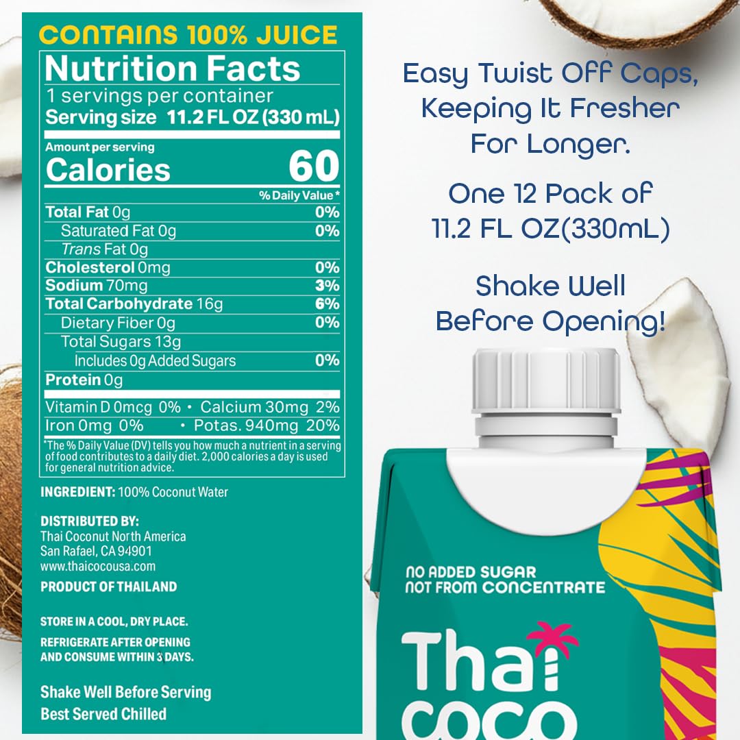 Thai Coco Organic Coconut Water, 100% Pure & Unsweetened, No Sugar Added, USDA Organic, Natural Electrolytes Hydration Drink, 11.2 fl oz Tetra Carton