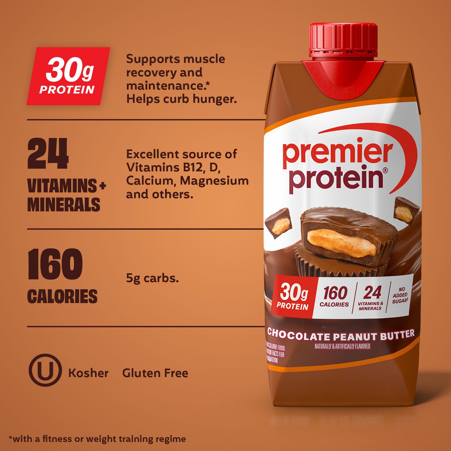 Premier Protein Shake, Chocolate Peanut Butter, 30g Protein, No Added Sugar, 24 Vitamins & Minerals to Support Immune Health, 11 fl oz, 12 Pack