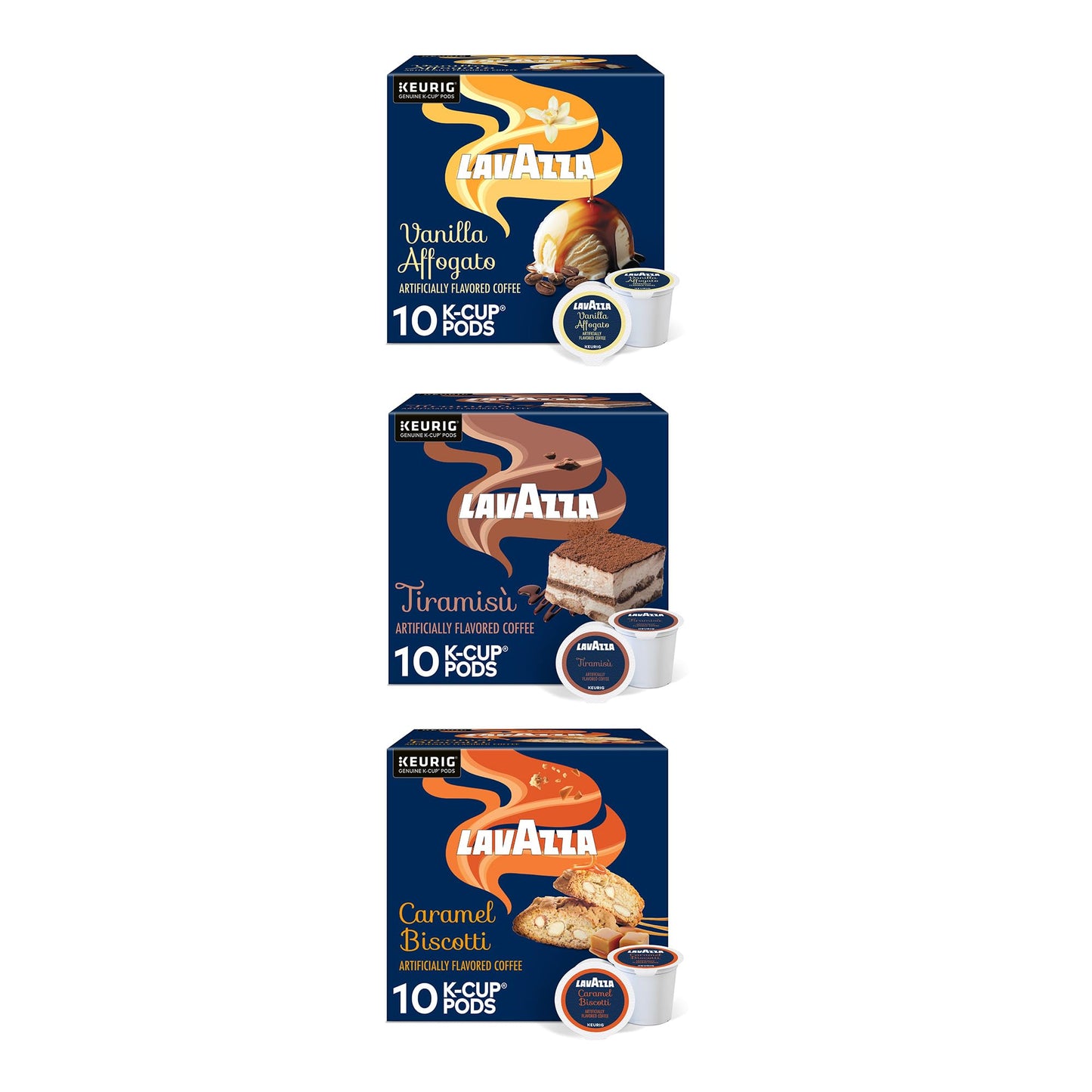 Lavazza Keurig® K-Cup® Flavor Variety Pack, Light-Medium Roast (30 Pods: 10 Tiramisu, 10 Vanilla Affogato, 10 Caramel Biscotti)