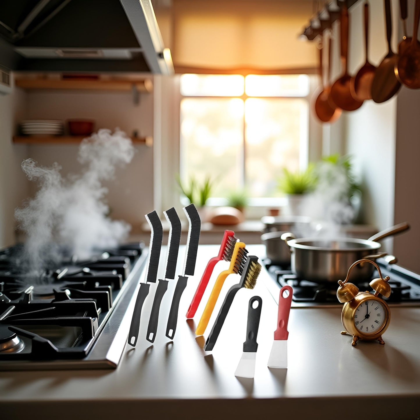 8Pcs Multicolour Kitchen Stove Cleaning Brush+Heavy Duty Scraper Tool Set for Gas Burners Cooktop Pot Pan Brass,Stainless Steel and Nylon Brush Head