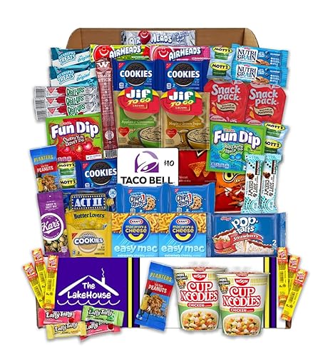 LakeHouse Student 52 College Care Package with Taco Bell Gift Card - College Essentials Snack Box - College Snack Boxes Care Packages for College
