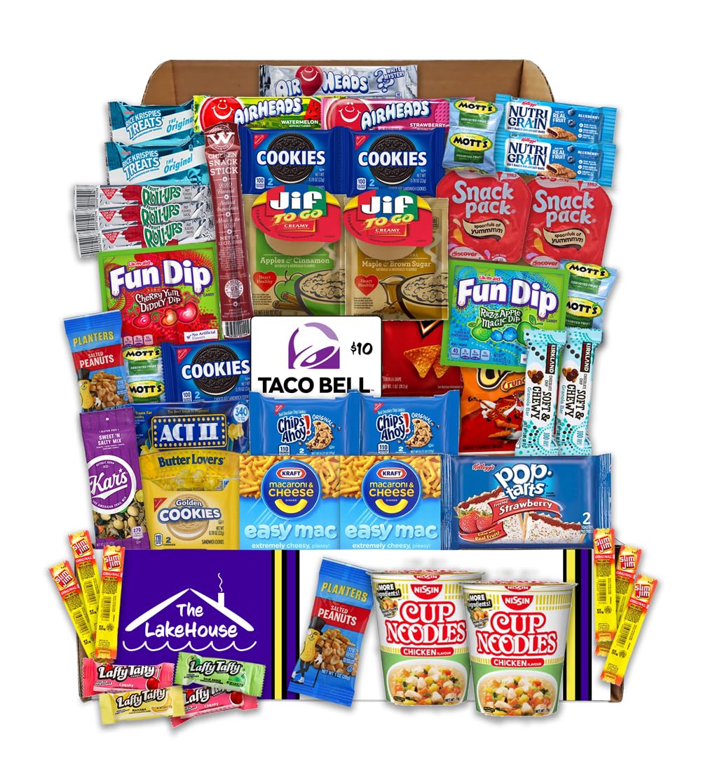 LakeHouse Student 52 College Care Package with Taco Bell Gift Card - College Essentials Snack Box - College Snack Boxes Care Packages for College